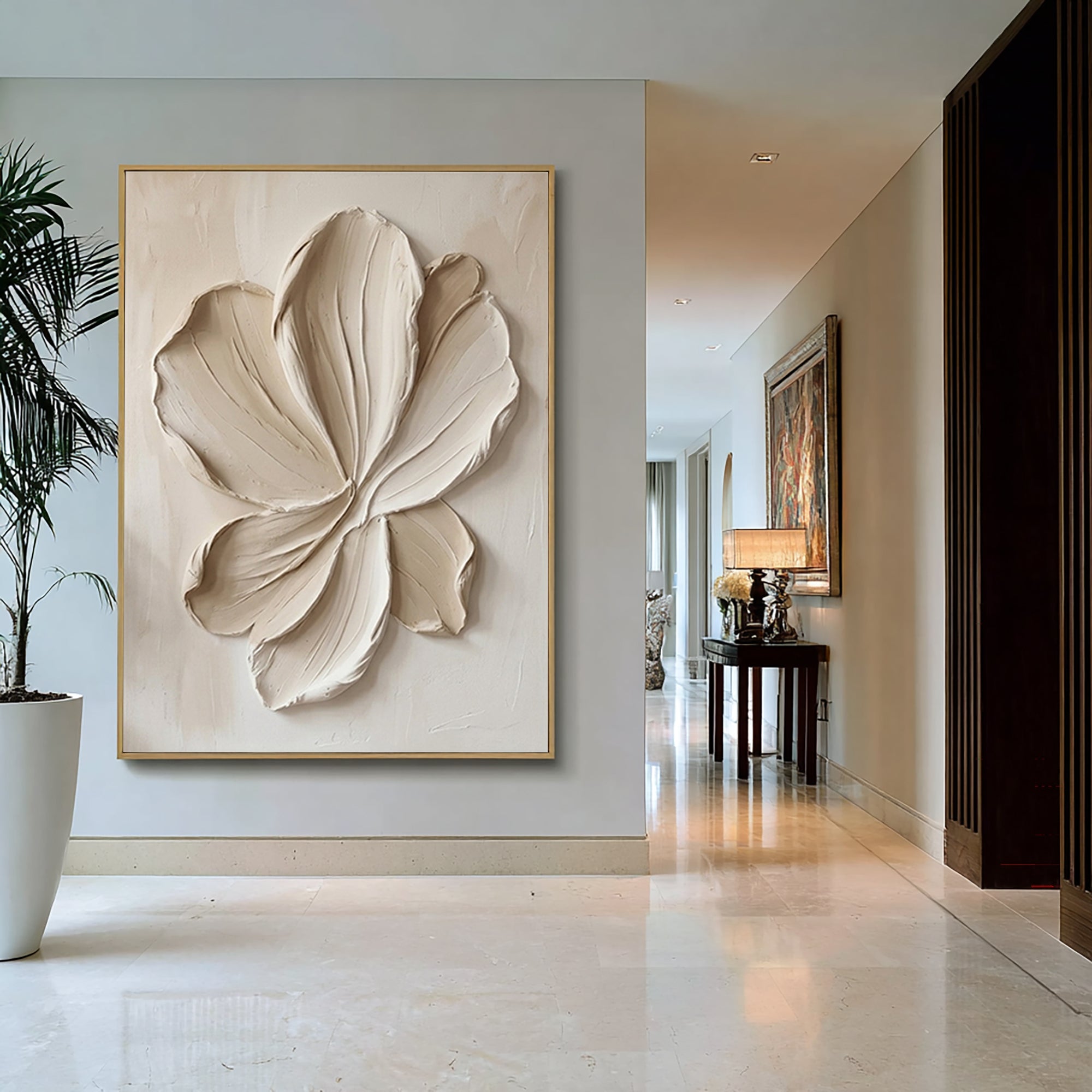 Large White Floral Relief Textured Canvas Art Organic Modern Wall Decor