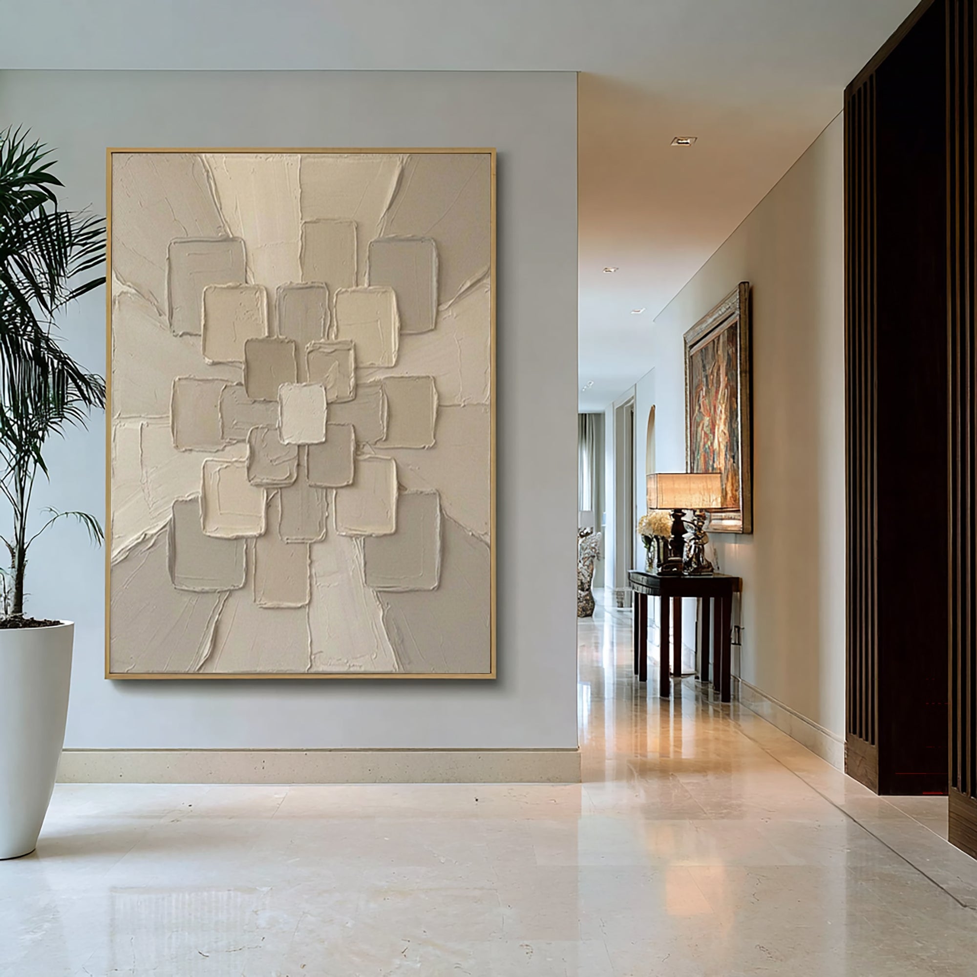 Large Neutral Geometric Textured Canvas Art Modern Sculptural Wall Decor