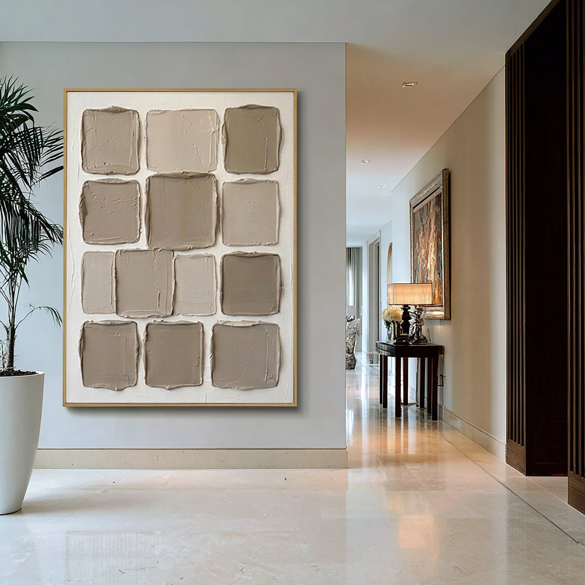Large Neutral Grid Texture Oil Painting for Contemporary Interiors