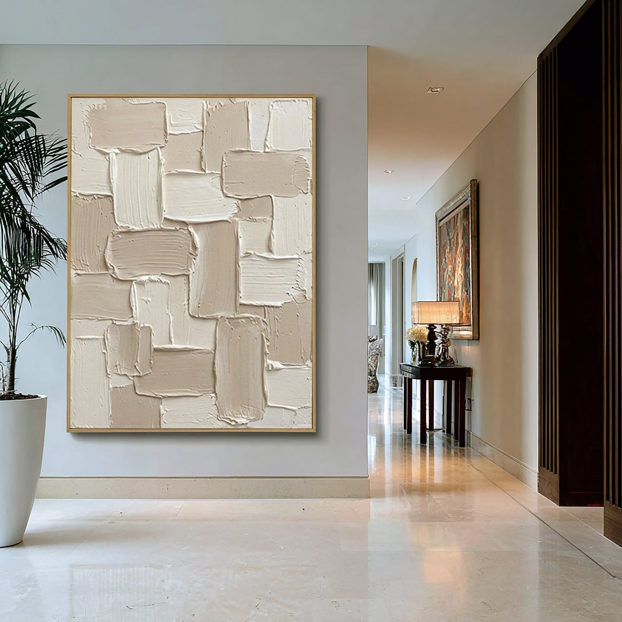 Large Minimalist Oil Painting with Contemporary Block Texture Design