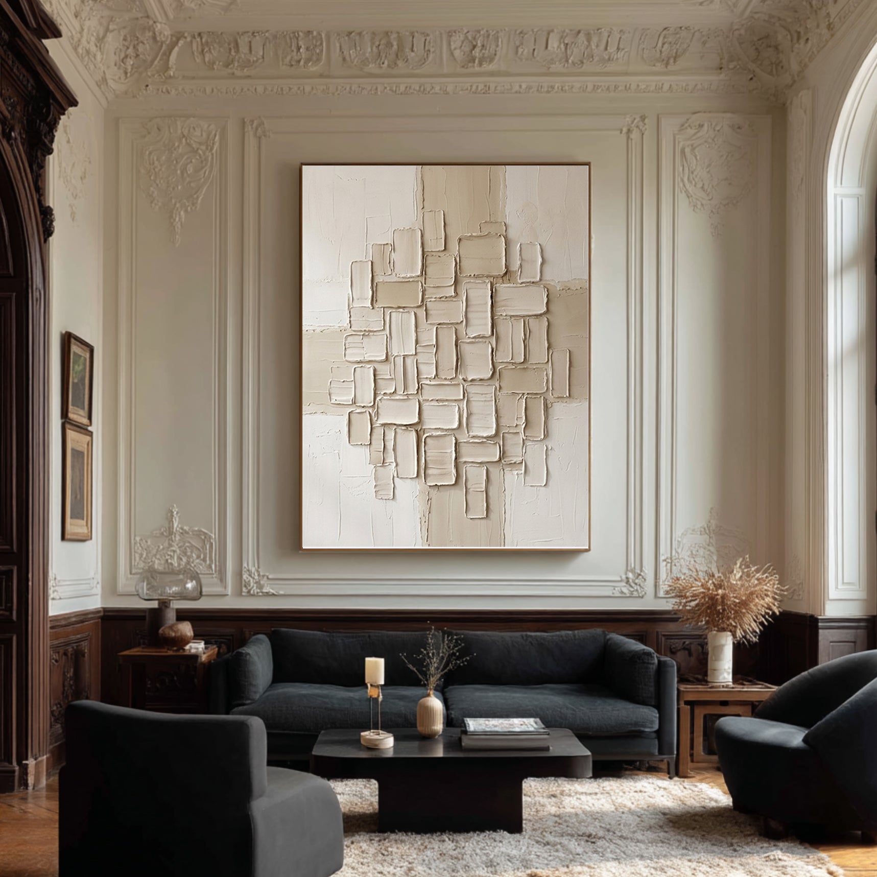 Large Textured Oil Painting with Geometric Relief Wall Art Design