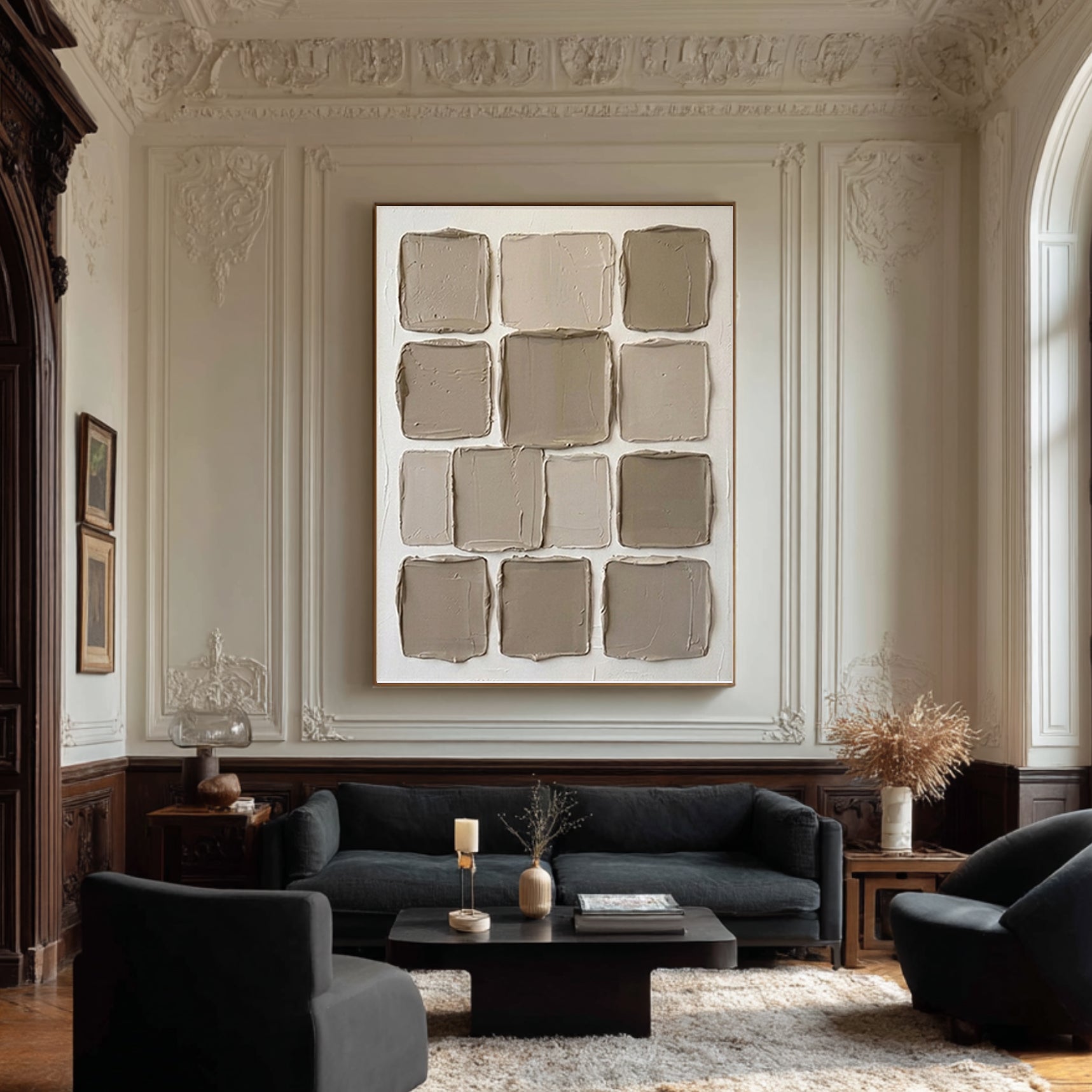 Large Neutral Grid Texture Oil Painting for Contemporary Interiors