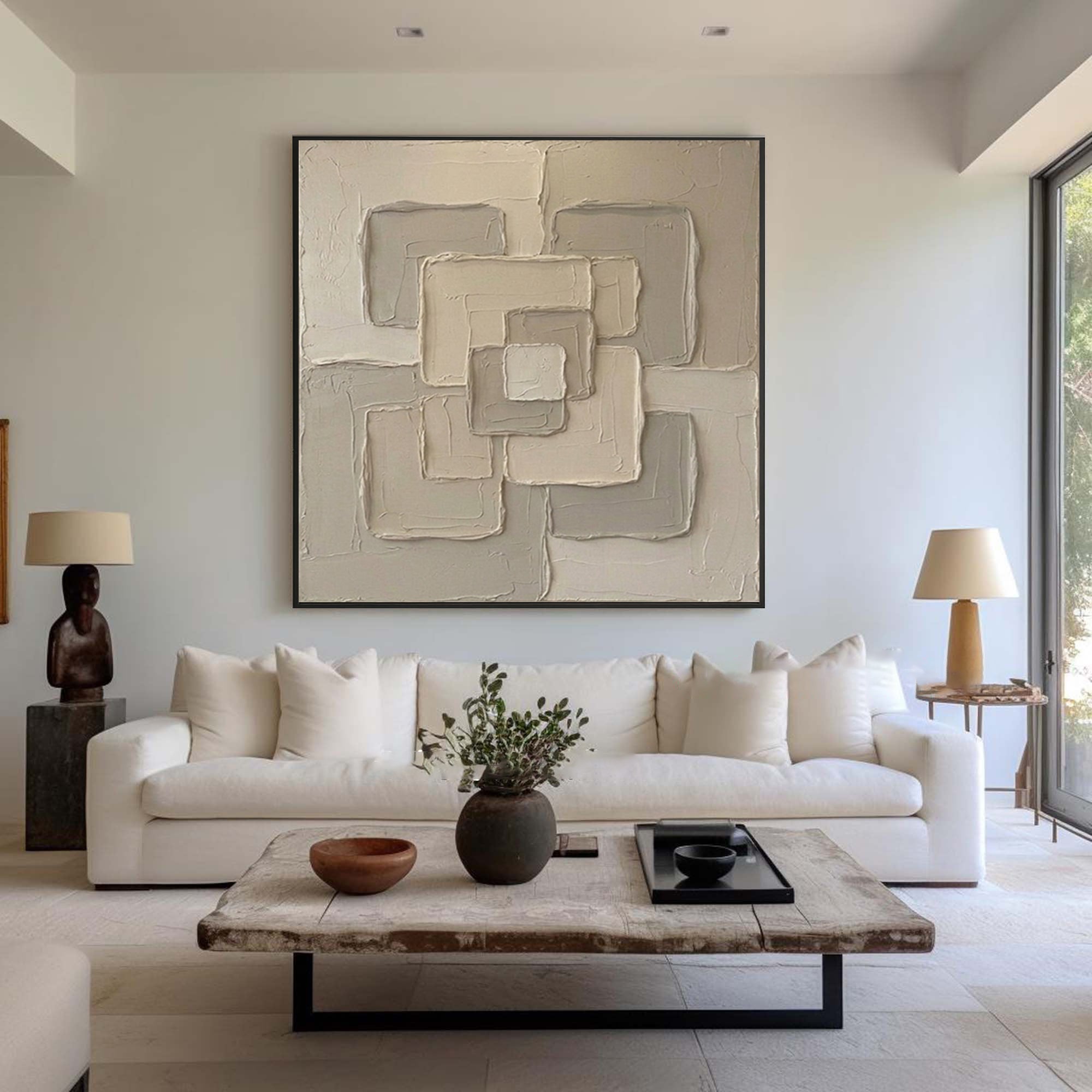 Large Connected Square Wall Art Contemporary Neutral Sculptural Canvas Painting