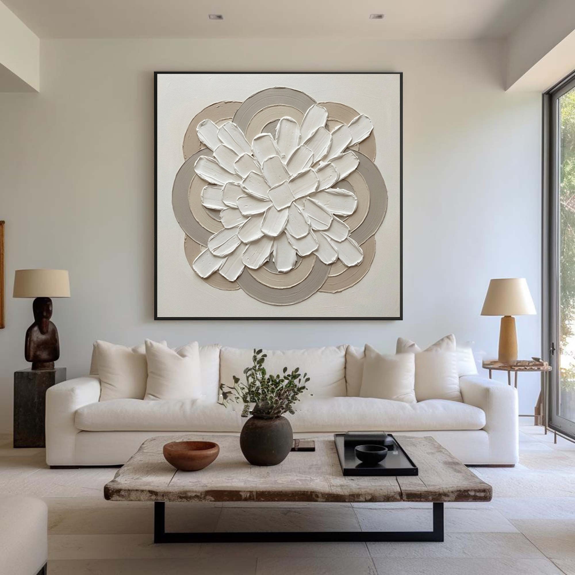Large Modern Ring Floral Wall Art Contemporary Neutral Sculptural Canvas Painting