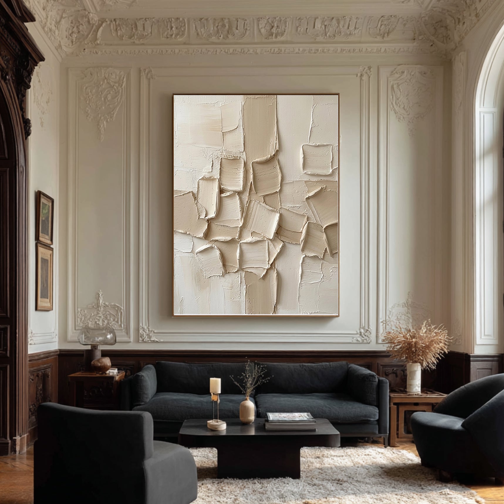 Large Hand-Painted Abstract Relief Painting in Neutral Cream Tones