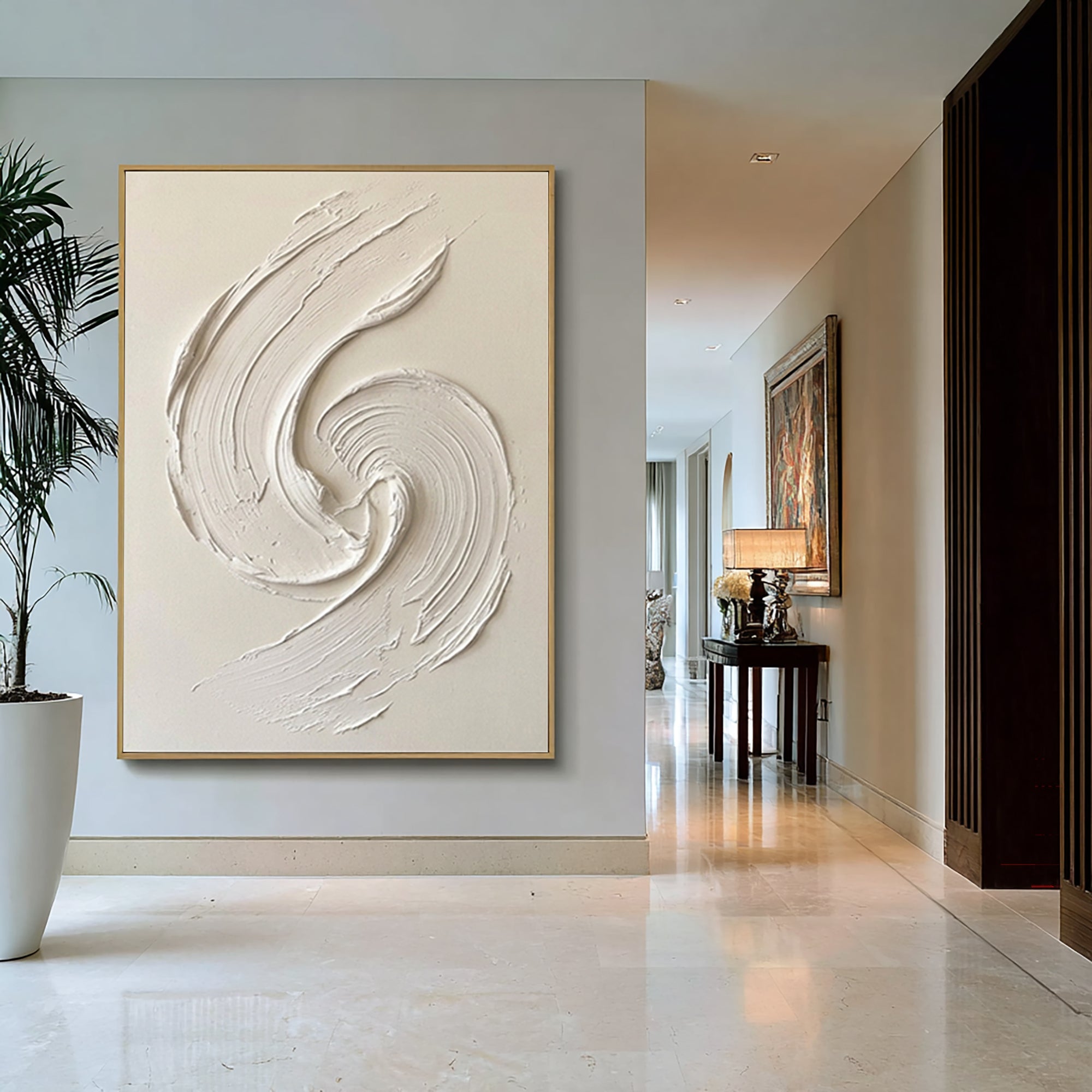 Large White Swirl Textured Wall Art Minimalist Abstract Canvas Painting