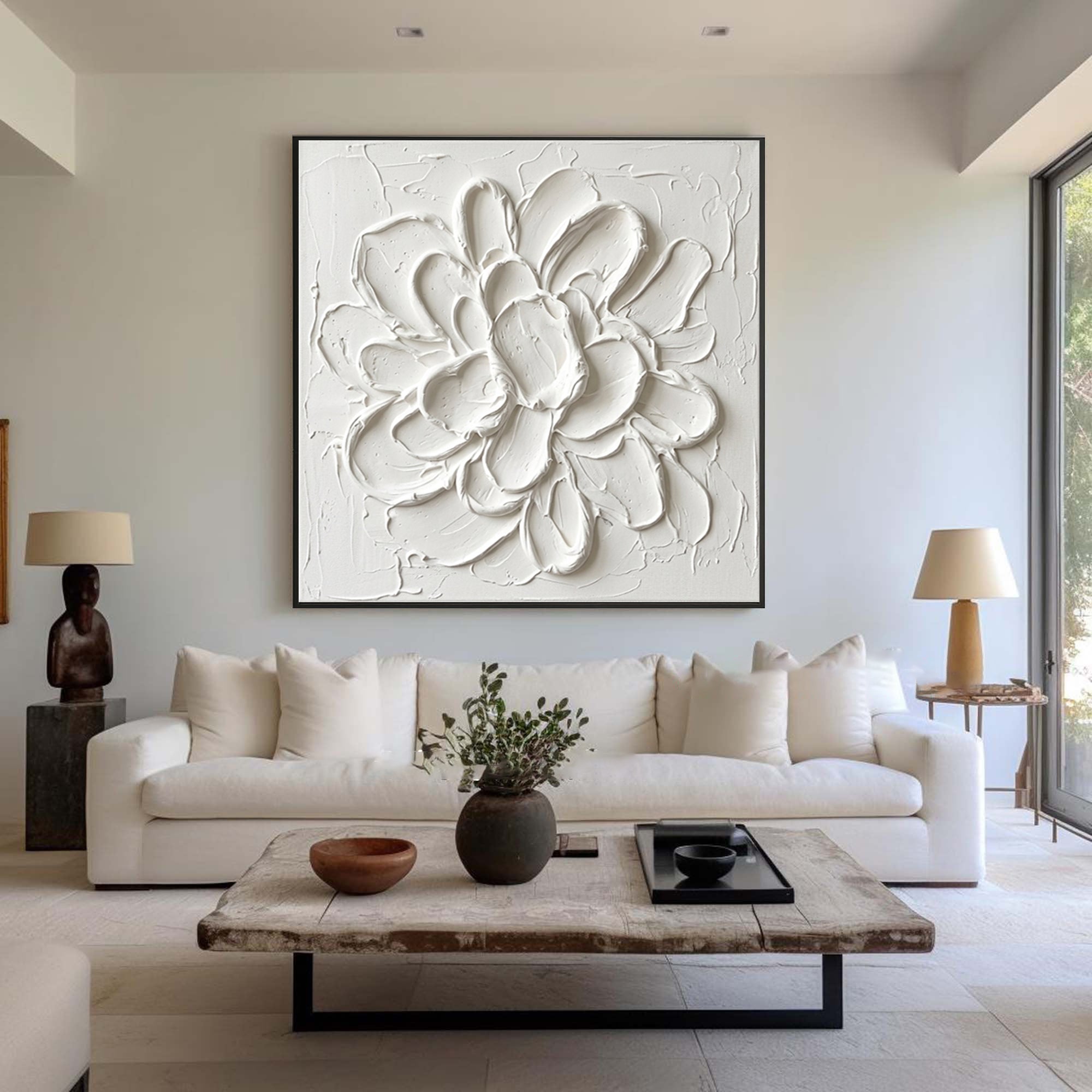 Large White Floral Textured Canvas Art Modern Sculptural Wall Decor