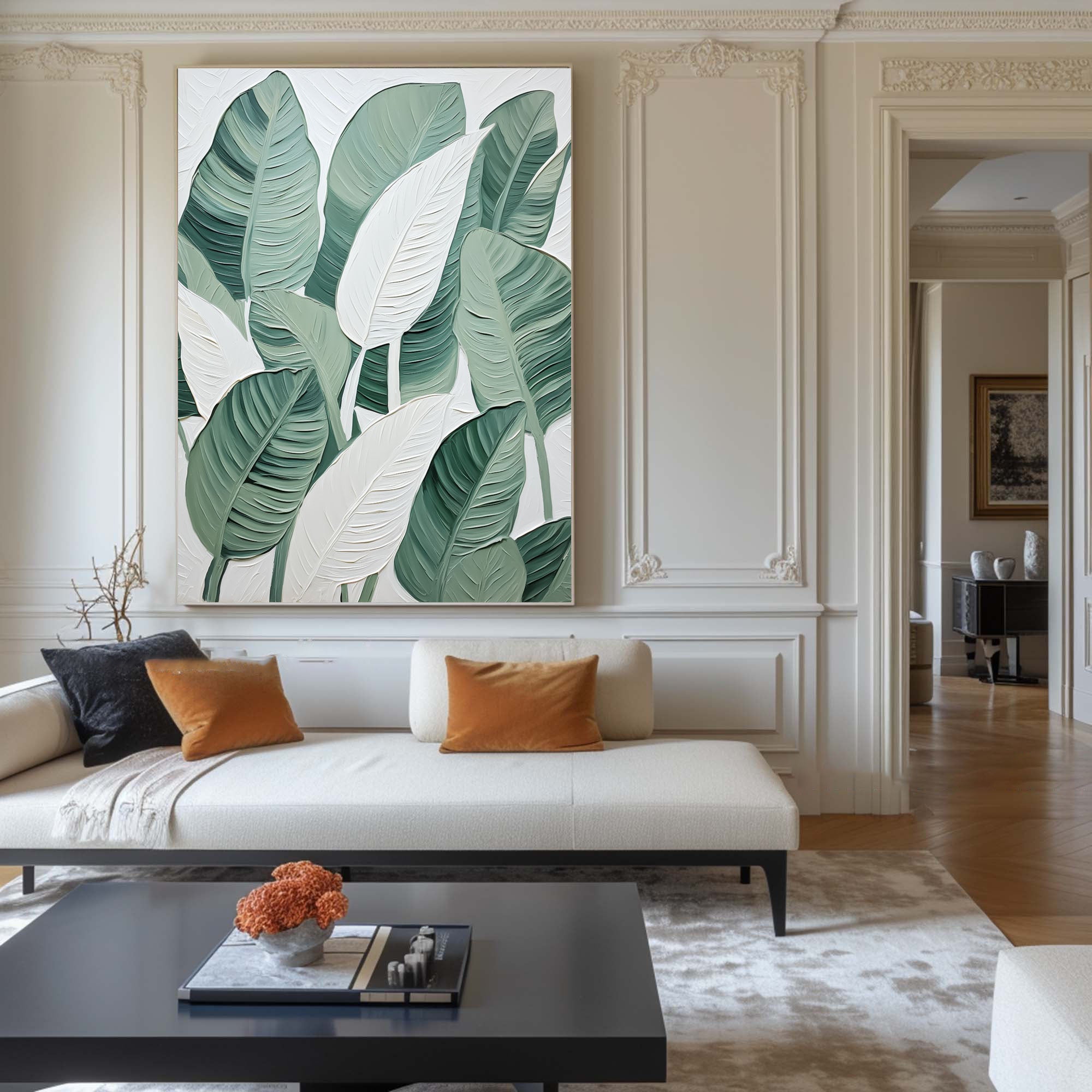 Leaf Symphony: Green and White Botanical Wall Art #BGM 049