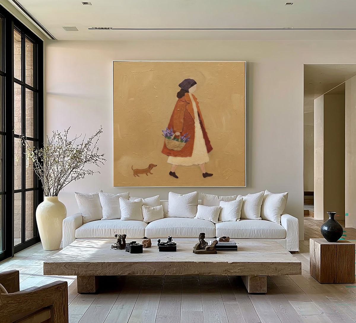 The Girl With The Flower Basket Original Figurative Painting Woman Dog Rustic French Country Wall Decor