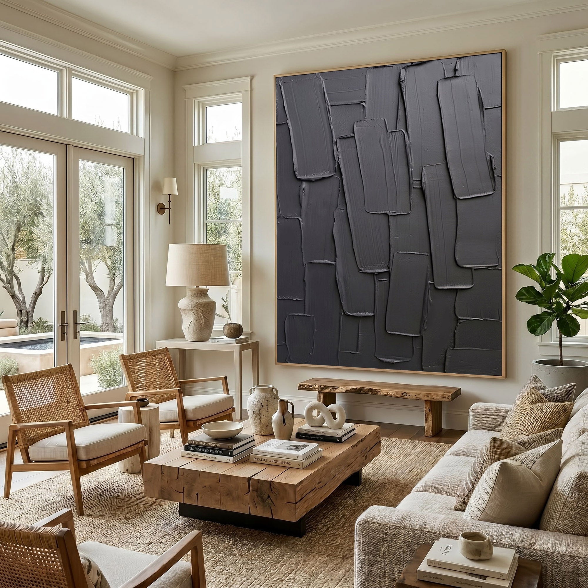 Dark Gray Textured Wall Art Abstract Plaster Relief Painting Modern 3D Impasto Minimalist Luxury Decor