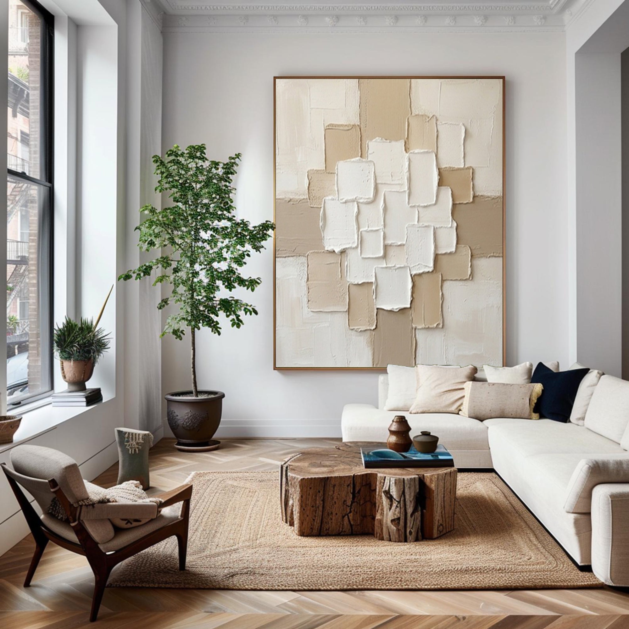 Large Neutral Composition Textured Canvas Art Modern Minimalist Decor