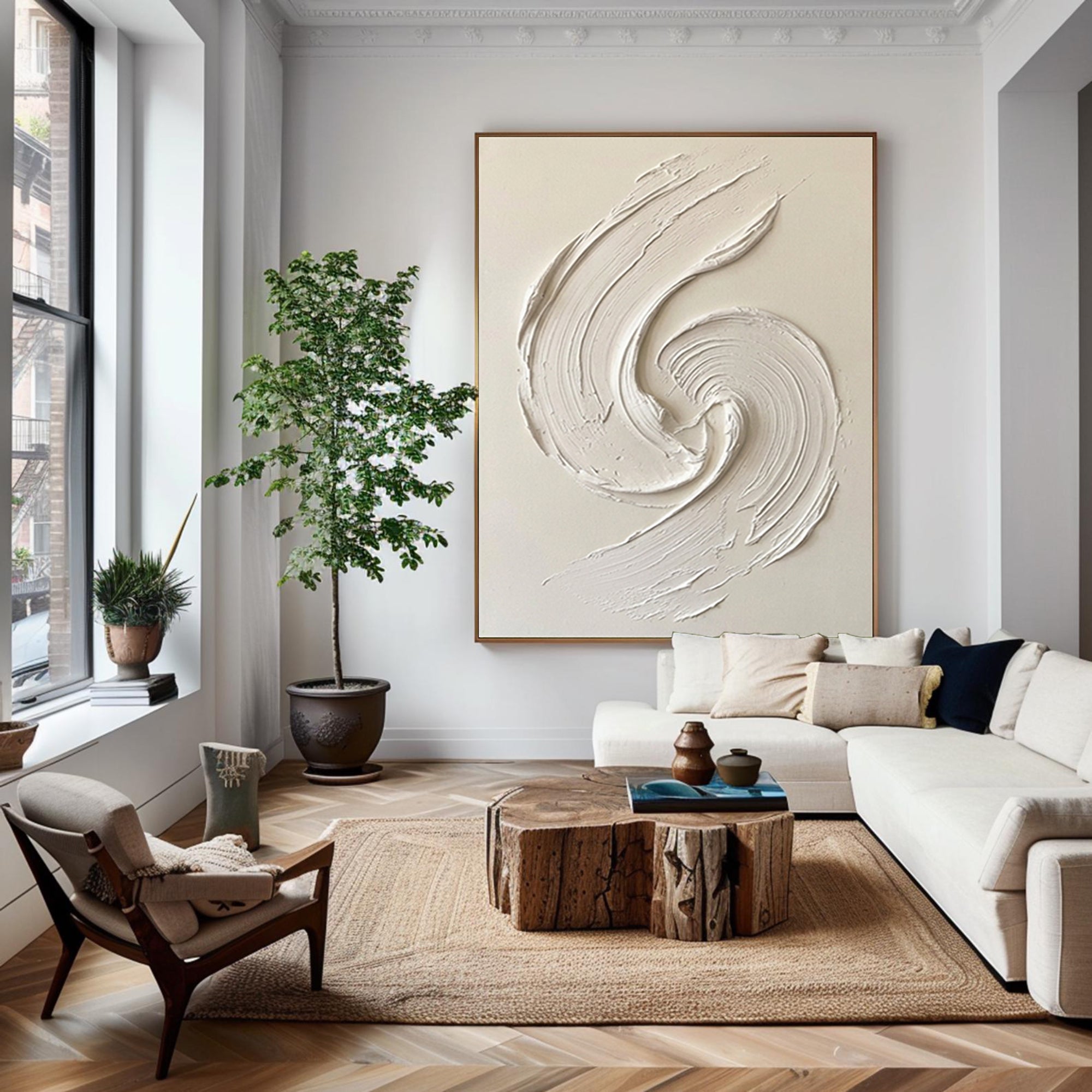 Large White Swirl Textured Wall Art Minimalist Abstract Canvas Painting