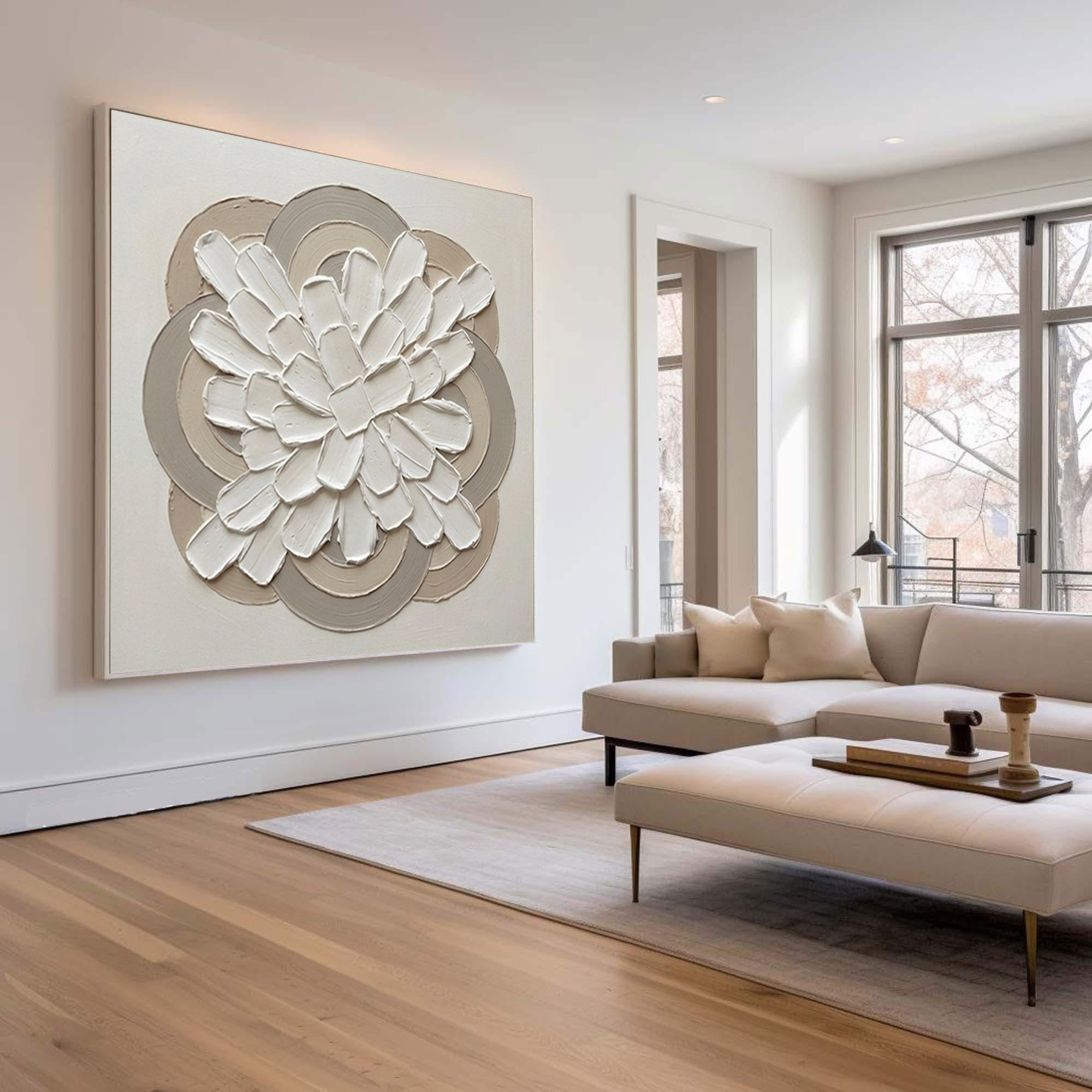 Large Modern Ring Floral Wall Art Contemporary Neutral Sculptural Canvas Painting