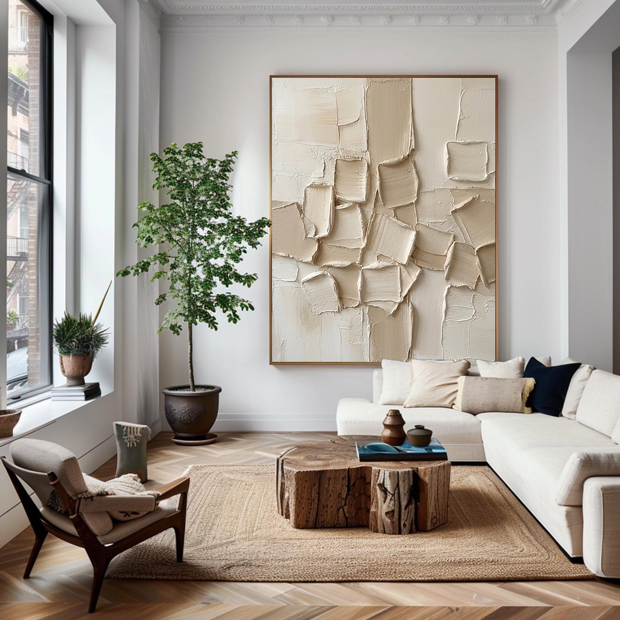 Large Hand-Painted Abstract Relief Painting in Neutral Cream Tones