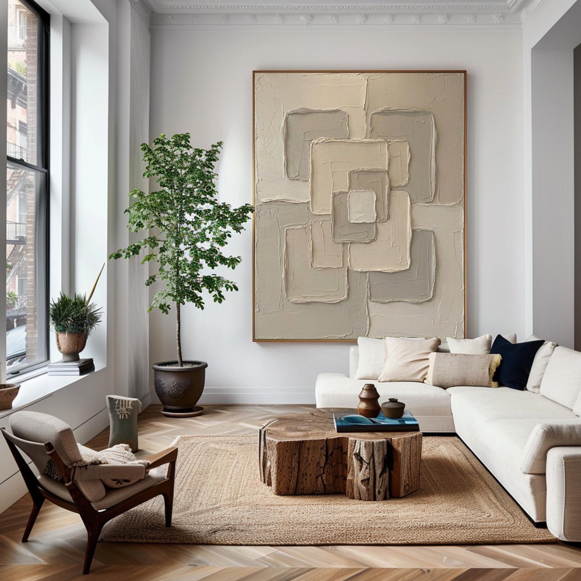 Large Neutral Geometric Textured Canvas Art Modern Abstract Wall Decor