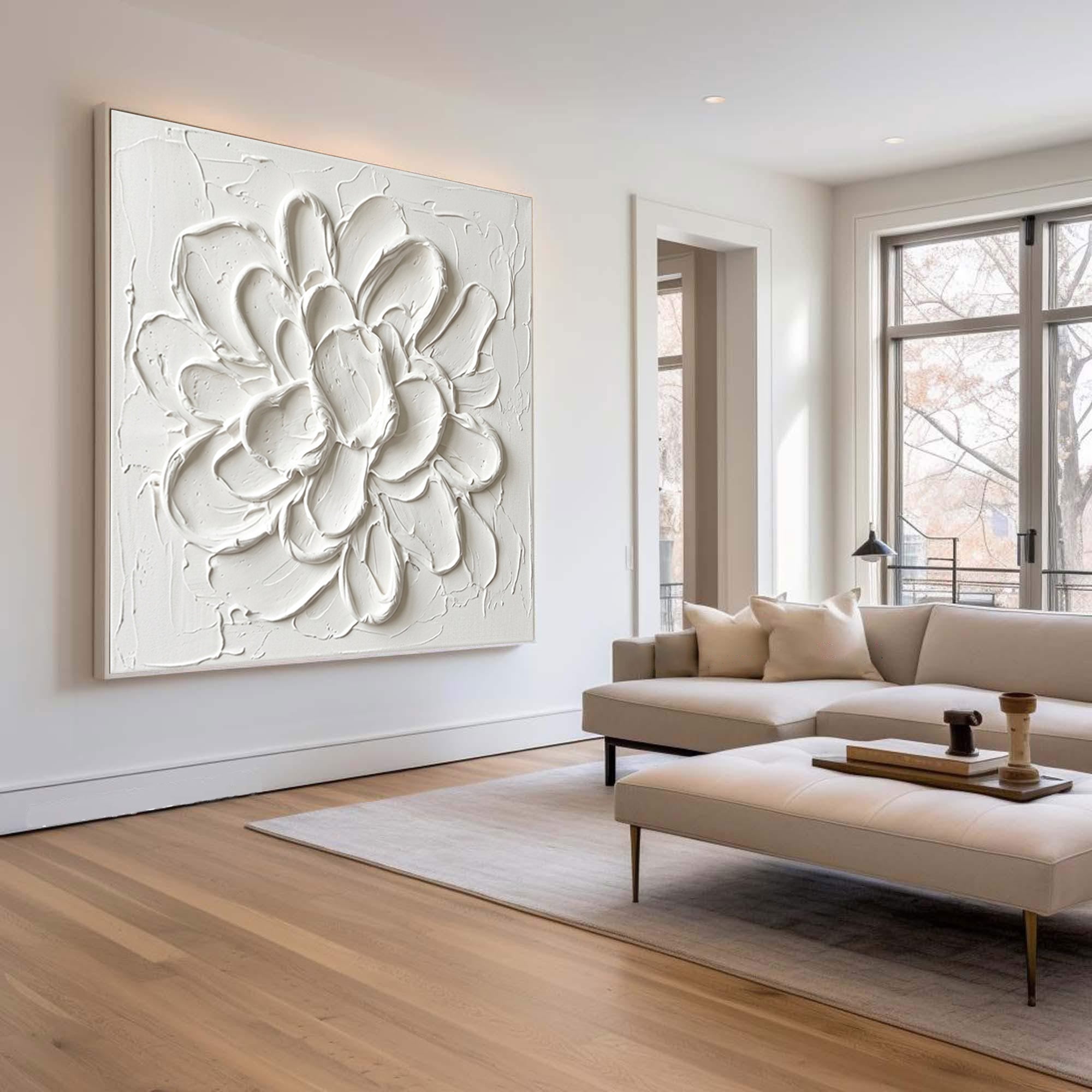 Large White Floral Textured Canvas Art Modern Sculptural Wall Decor