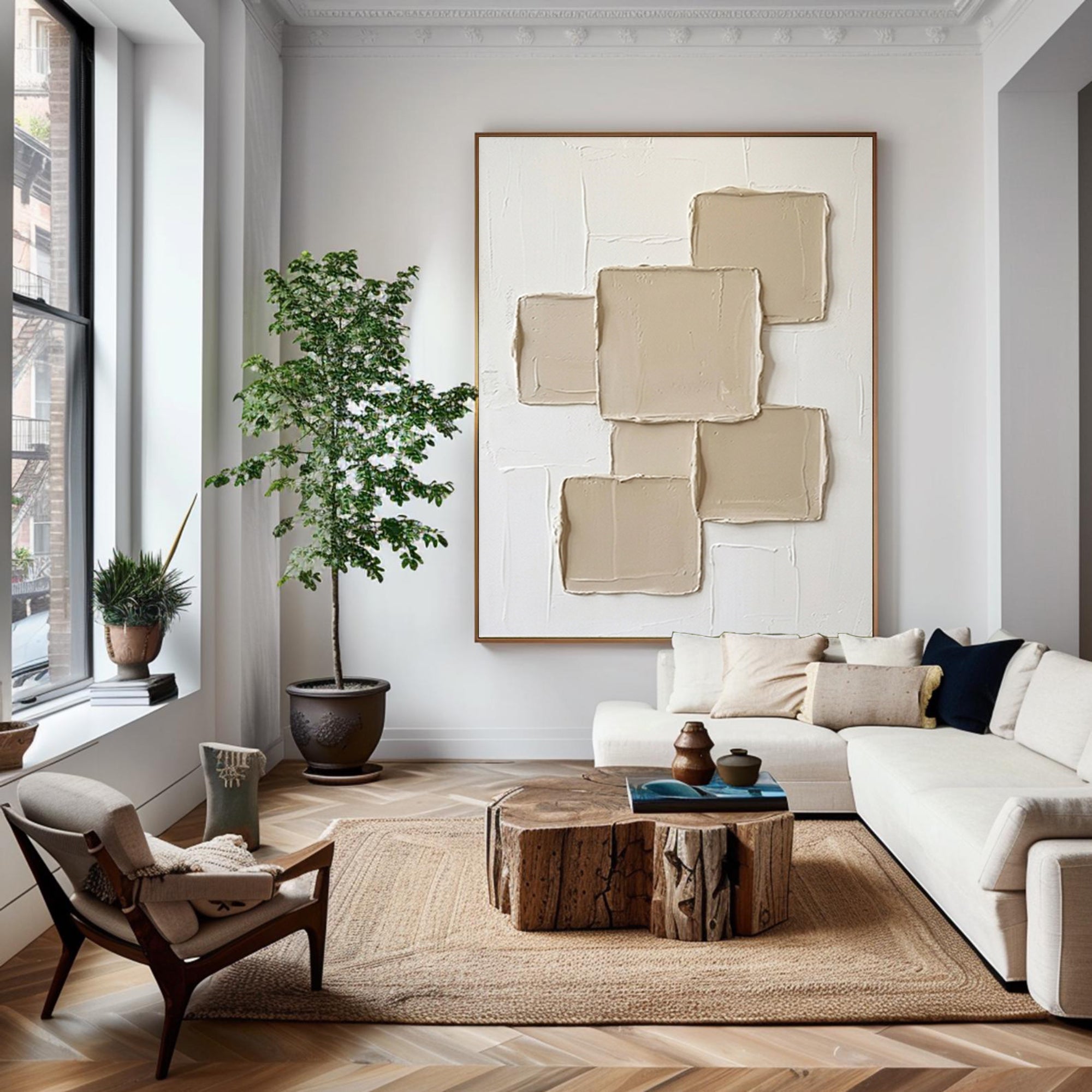 Large Designer Textured Canvas Art White Geometric Abstract Painting