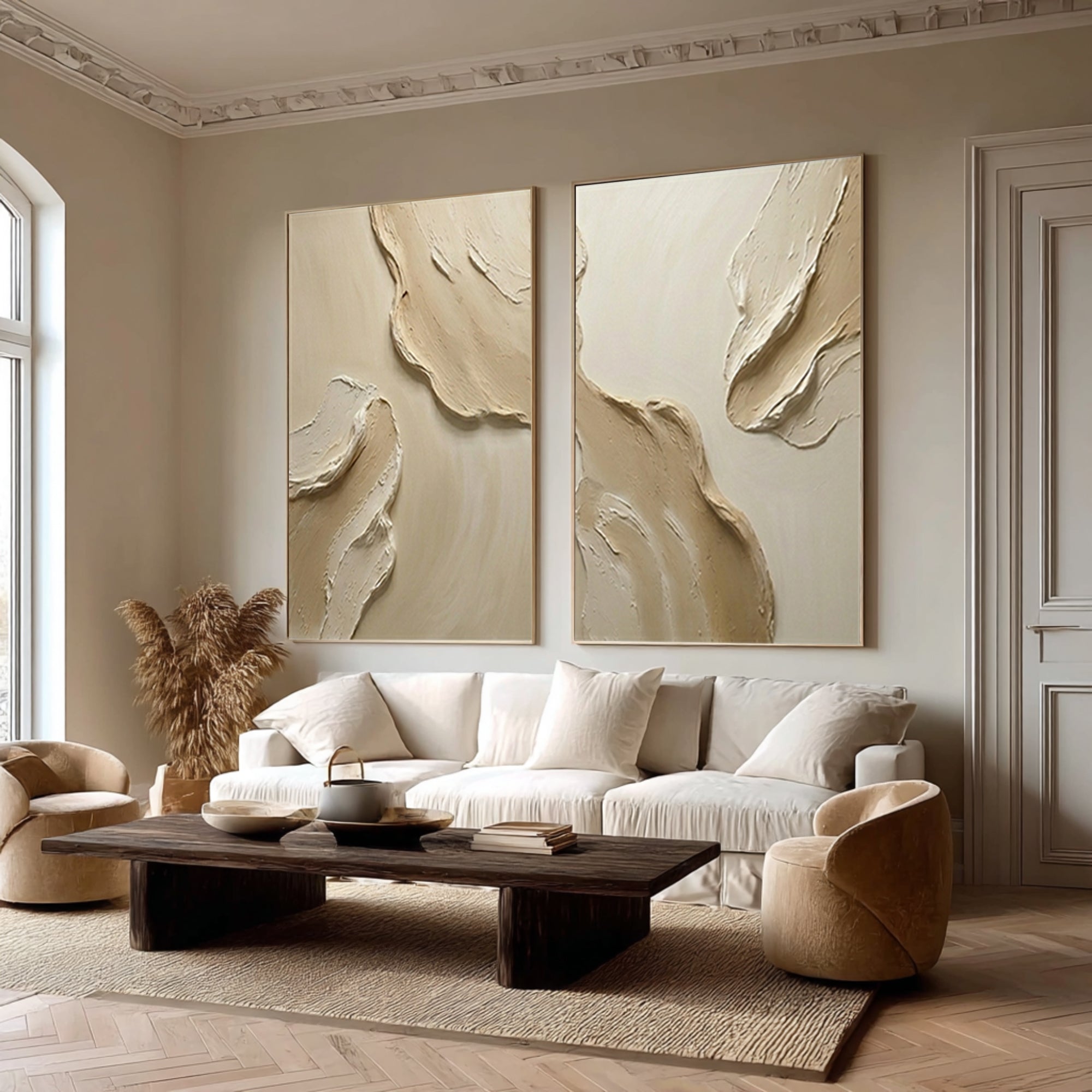 Large Contemporary Textured Wall Art Neutral Diptych Painting Set
