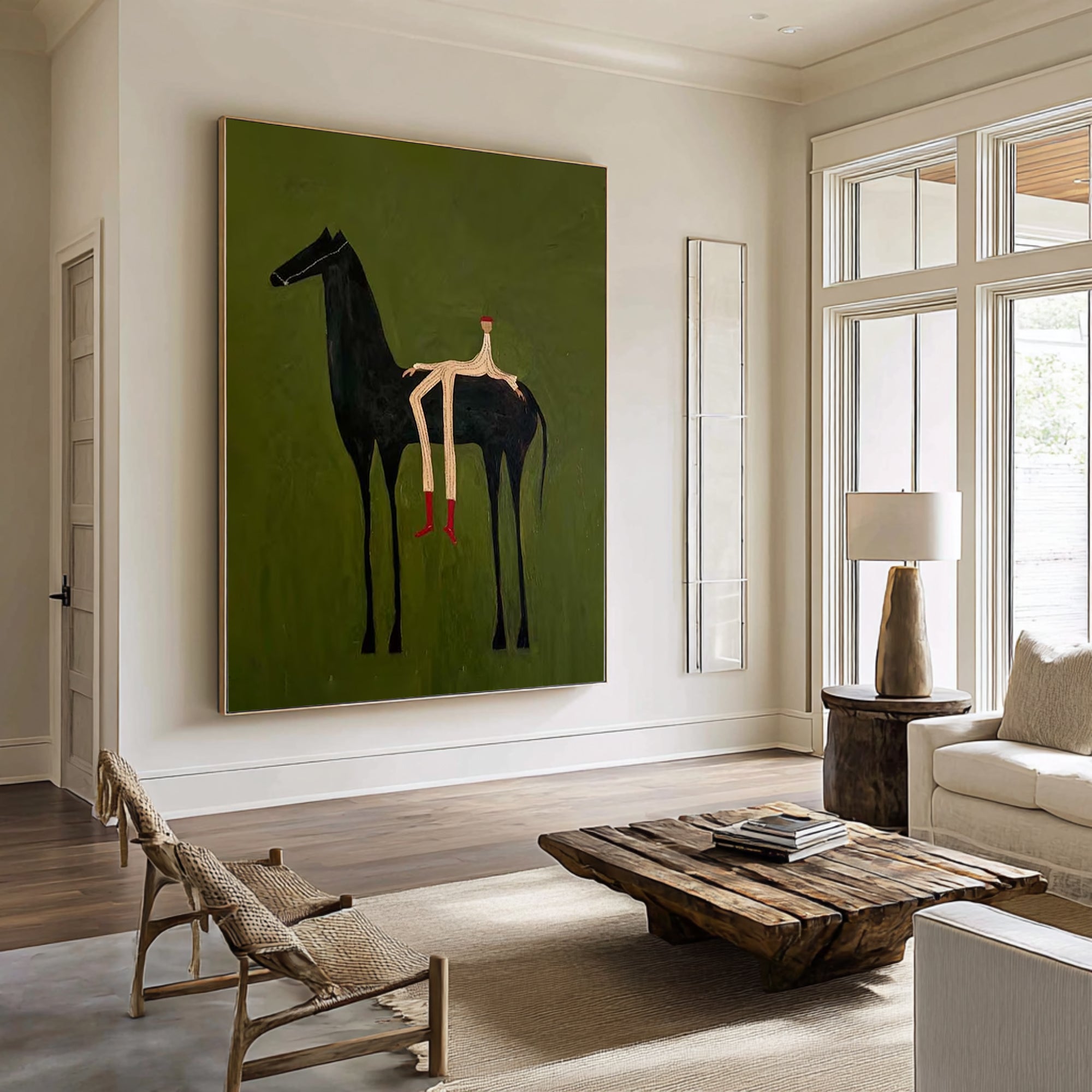 Large Abstract Horse Painting Green Minimalist Figurative Wall Art