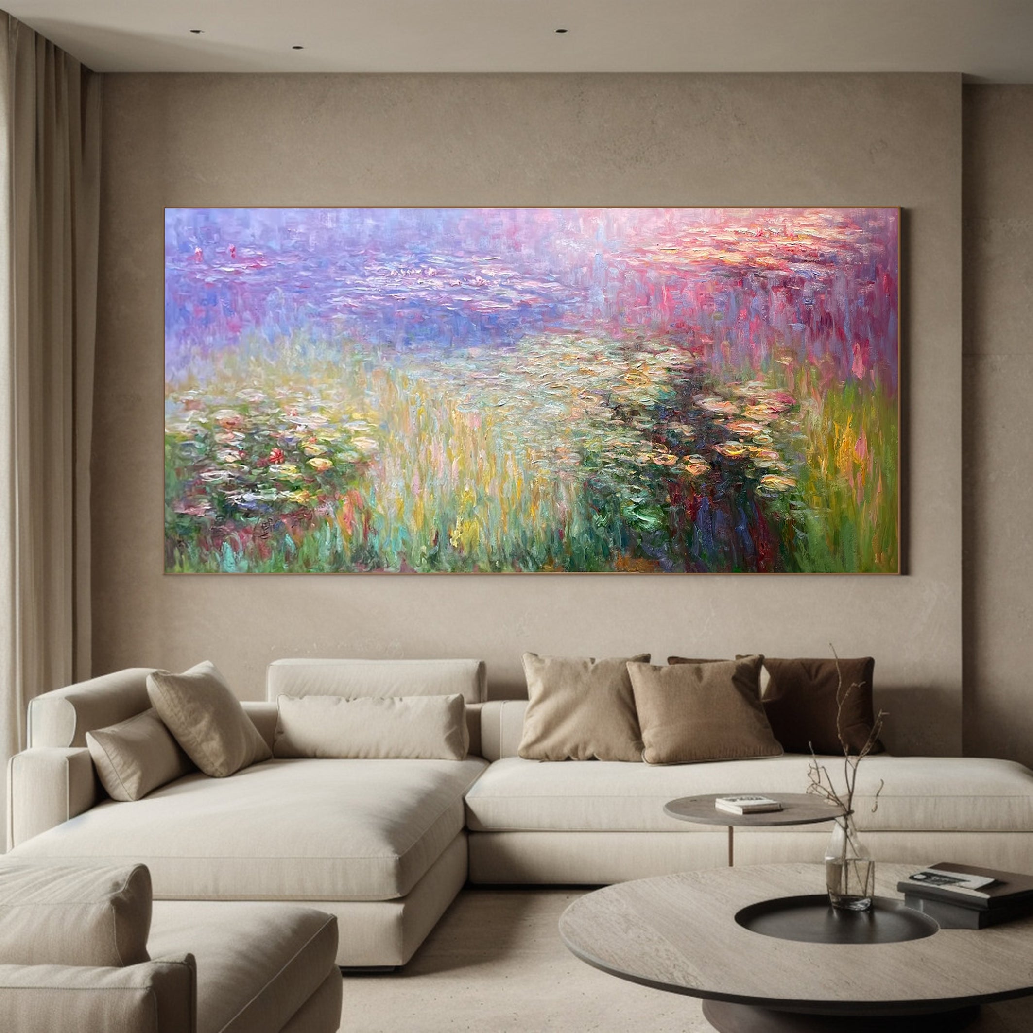 Monet Style Water Lilies, Horizontal Impressionist Wall Art #BGA 167
