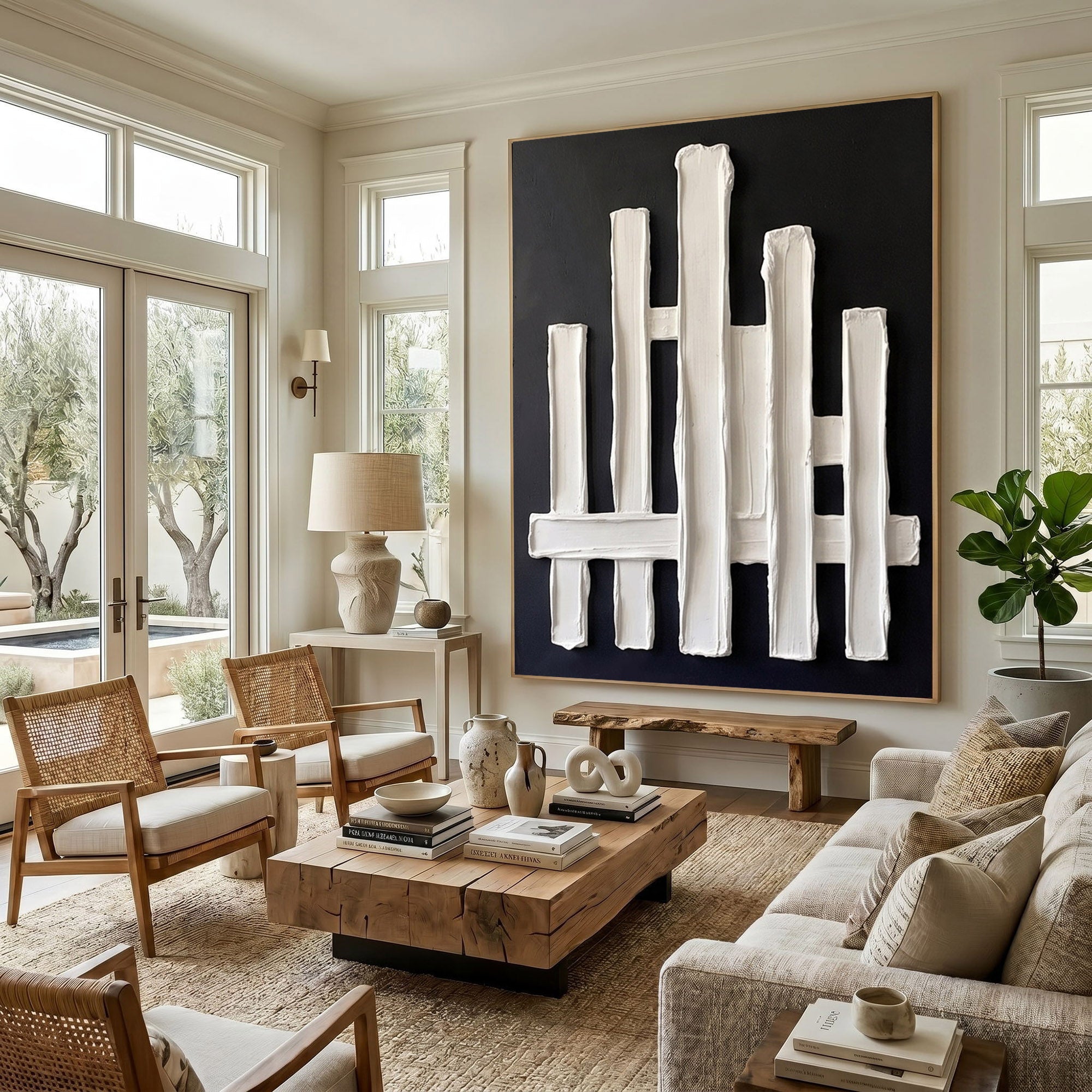 Large Ivory Plaster Wall Art 3D Textured Abstract Relief Painting Modern Minimalist Home Decor