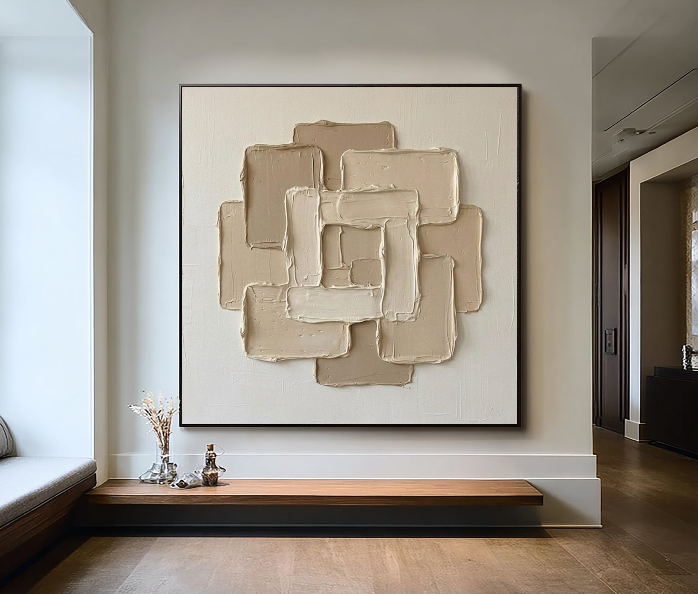 Large Textured Canvas Oil Painting – Minimalist Beige Wall Artwork