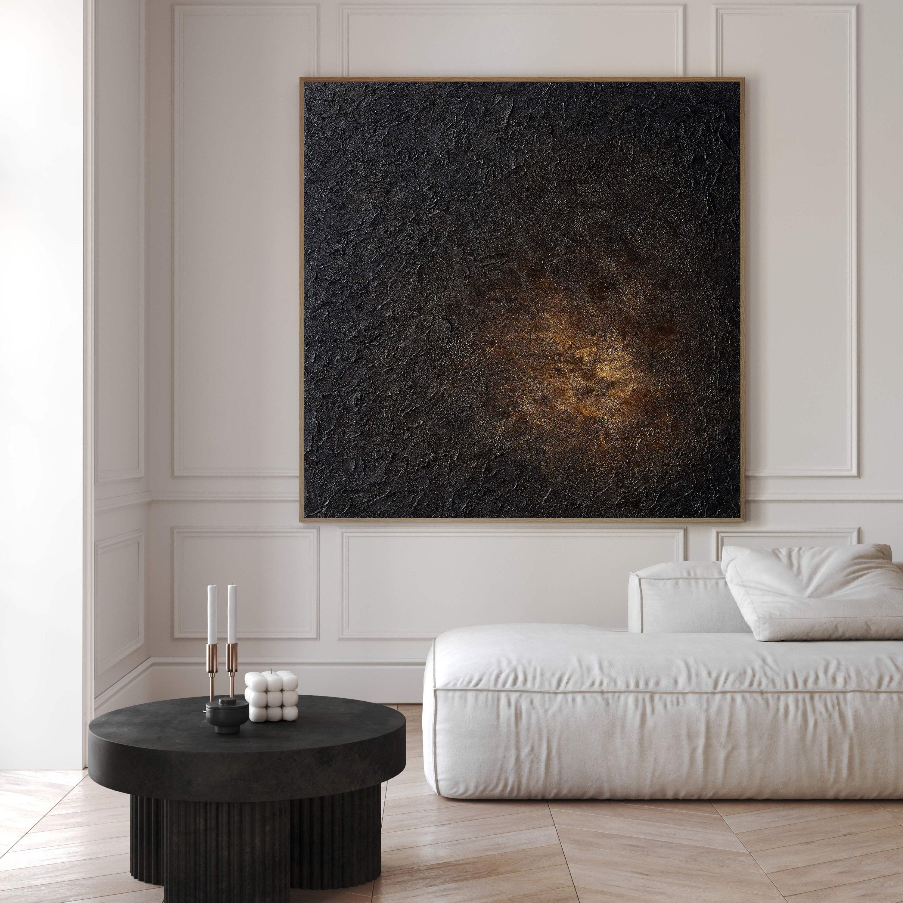 Black Impasto Canvas with Warm Glow, Square Abstraction #BGA 124