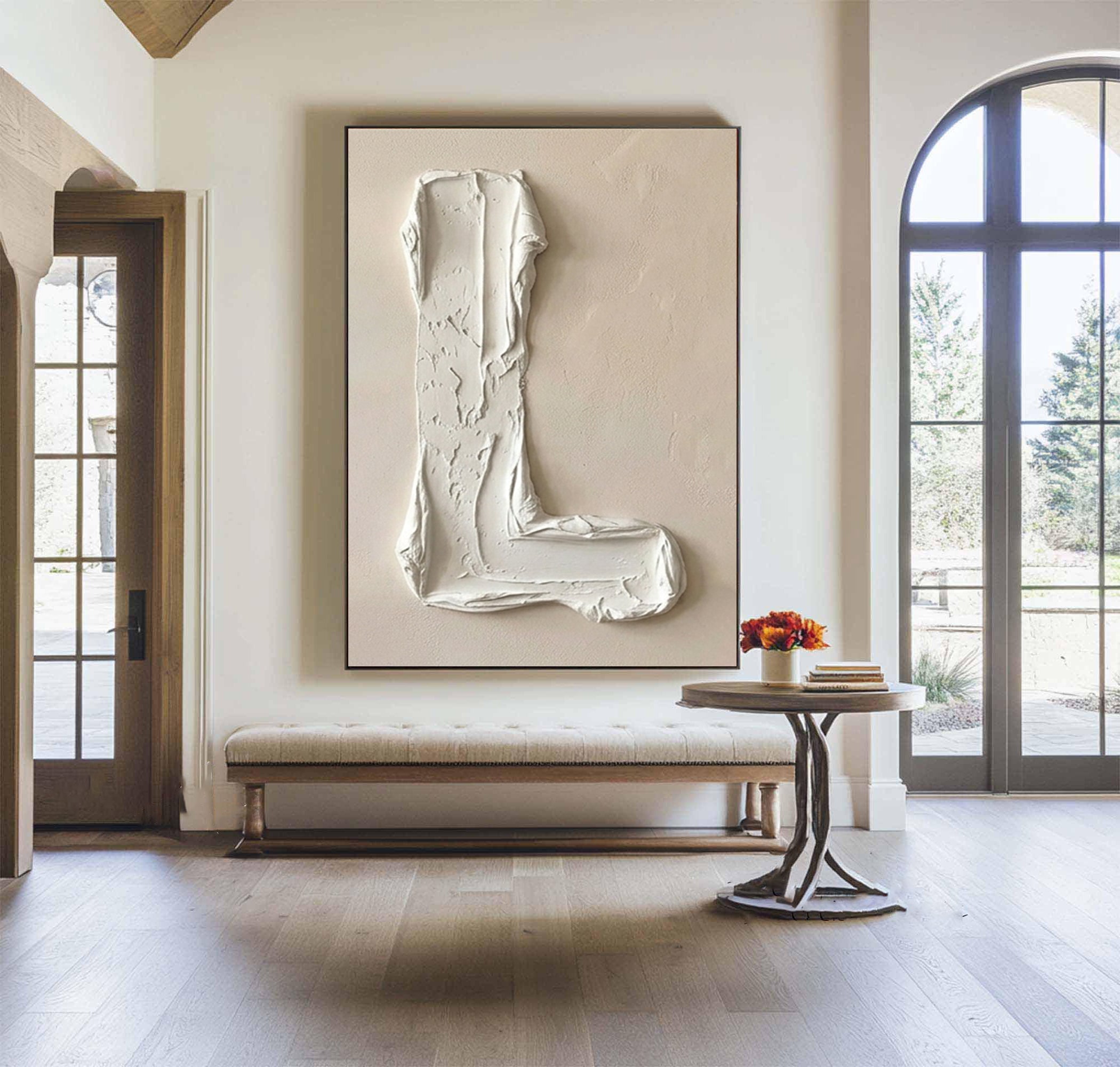 Large Beige Abstract Oil Painting – Minimalist Hand Painted Wall Art