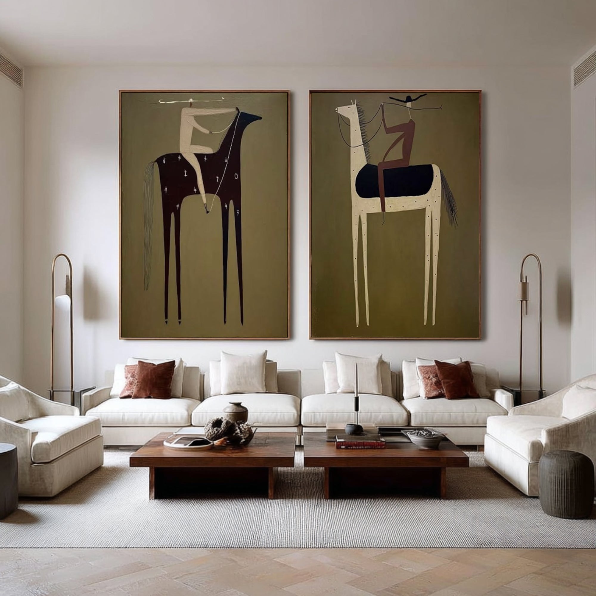 Large Modern Equestrian Wall Art Minimalist Horse and Rider Diptych