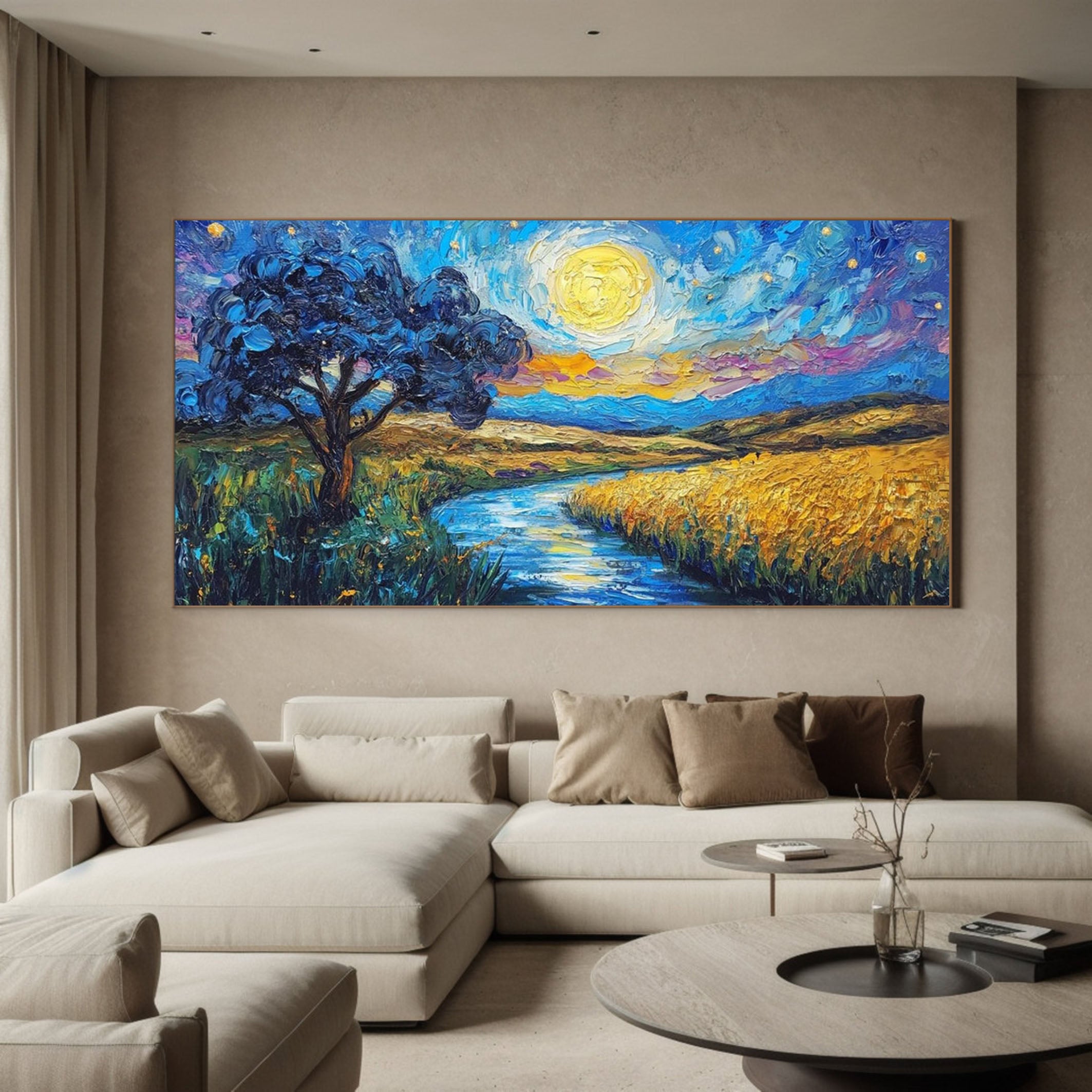 Impasto Moonlit Landscape, Vibrant Colors, Contemporary Art #BGA 101