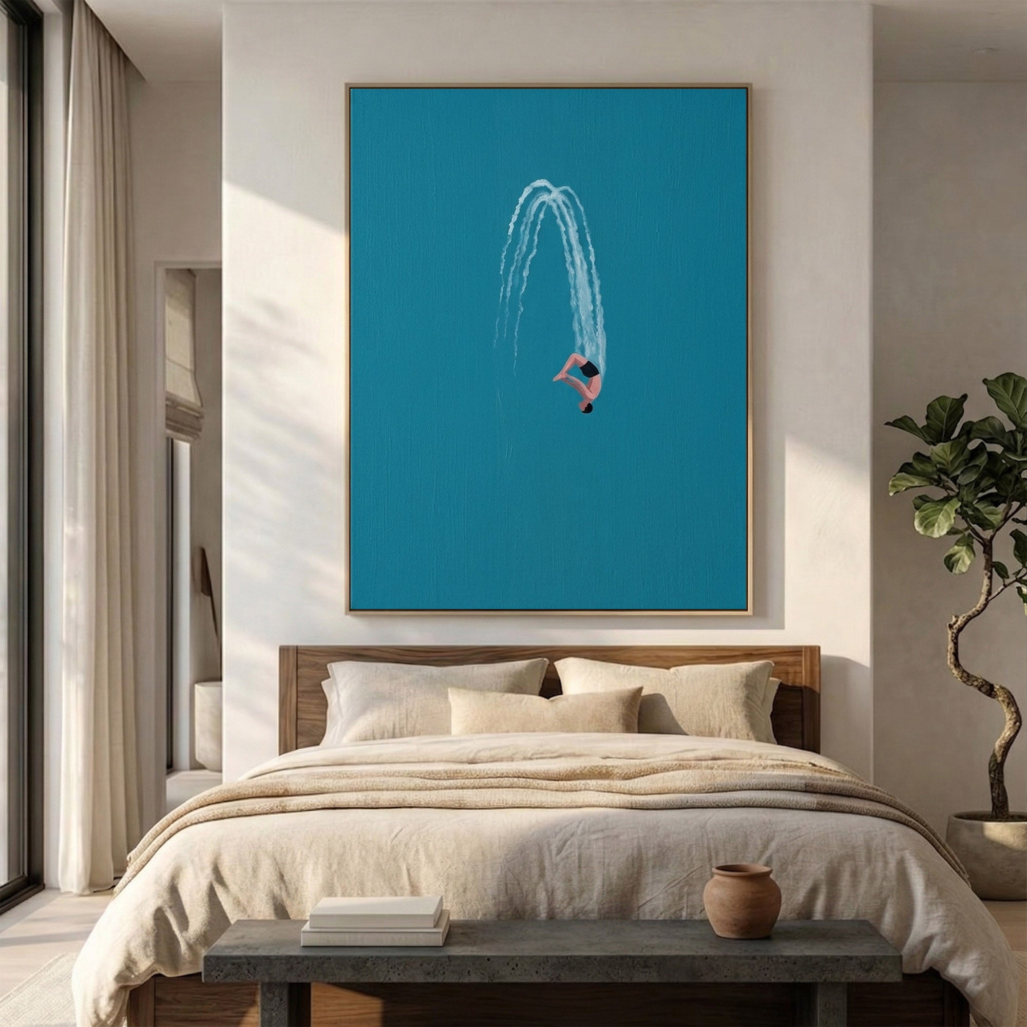 Large Swimming Wall Art Modern Diver Oil Painting Minimalist Coastal Artwork