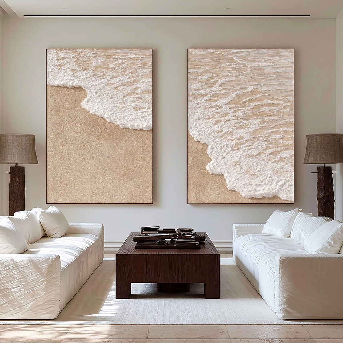 The Edge Of The Tide Large Textured Coastal Diptych White Wave Beach Wall Art Contemporary Artwork