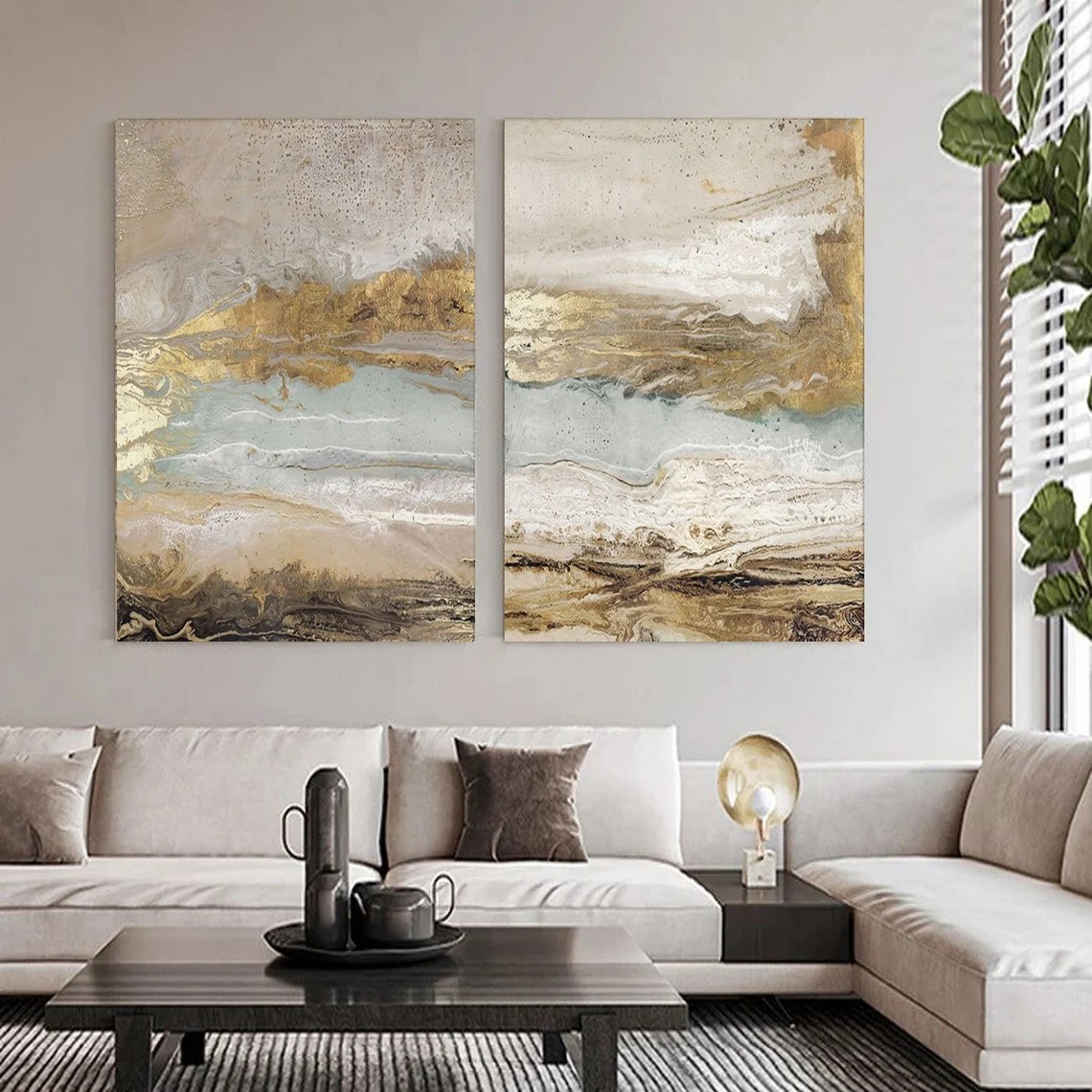 Neutral Abstract Landscape Set, Gold Textured Art #BGA 162