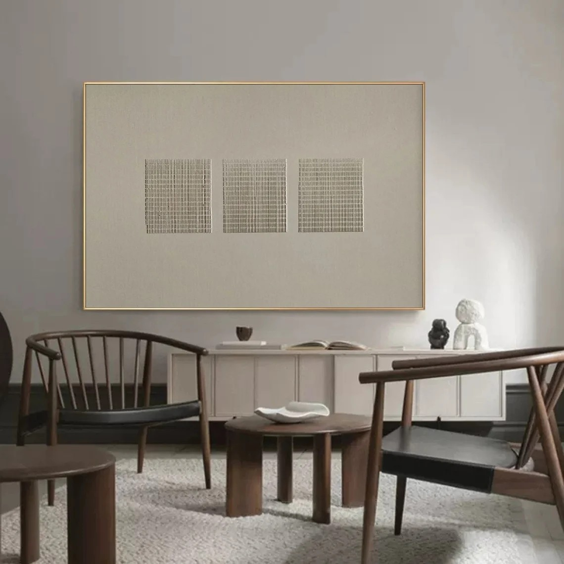 Beige Delicate Line Art Canvas With Minimalist Grid Design #BGA 140