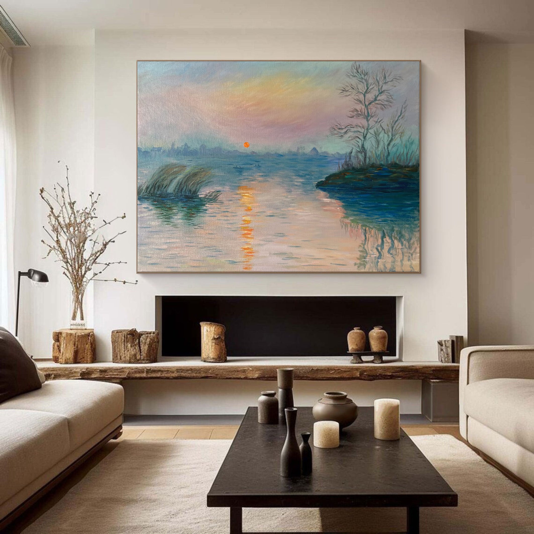 Shoreline Hues: Monet-Style Sunset, Atmospheric Water Art #BGA 191