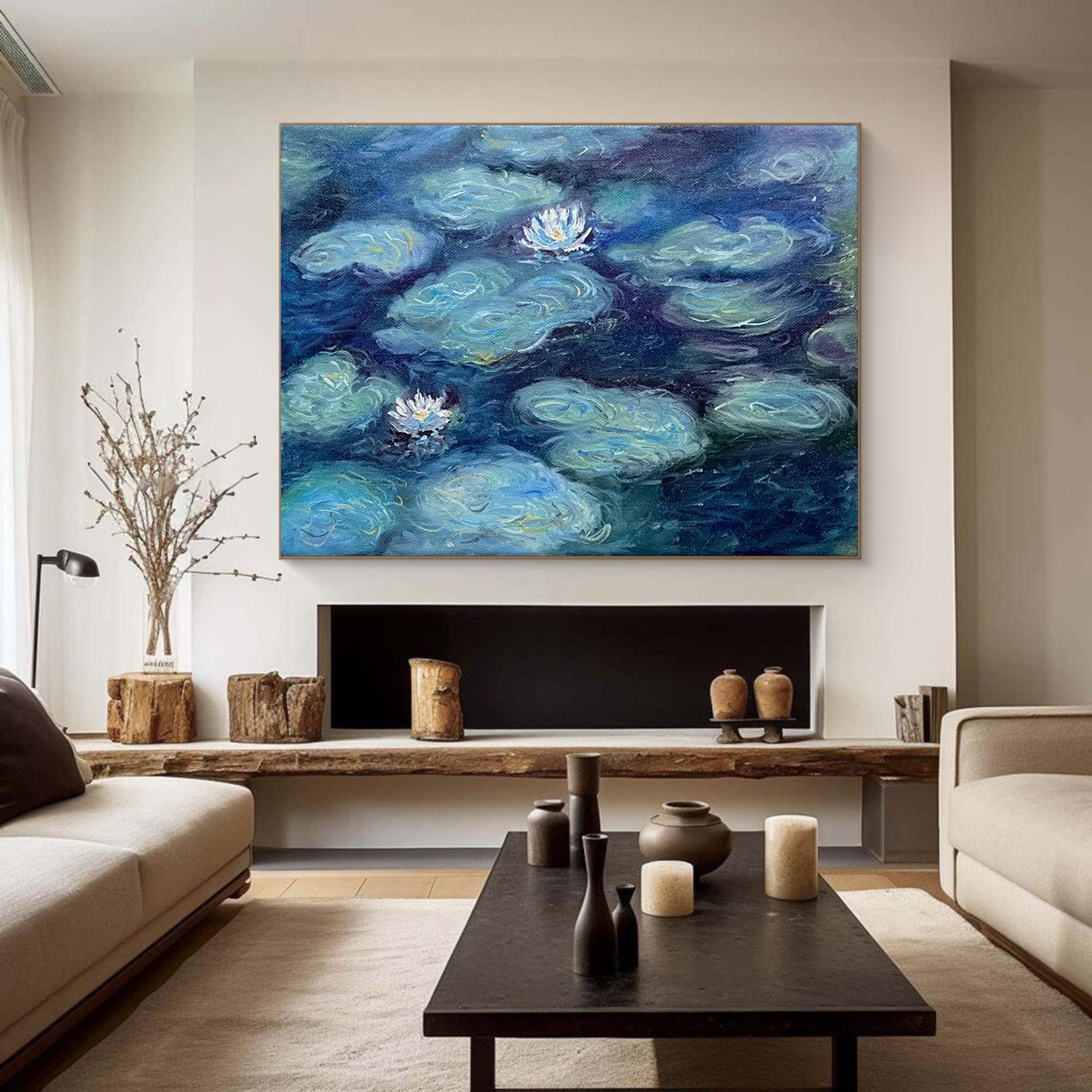 Deep Water Bloom: Monet-Esque Lilies, Deep Blue Landscape #BGA 189