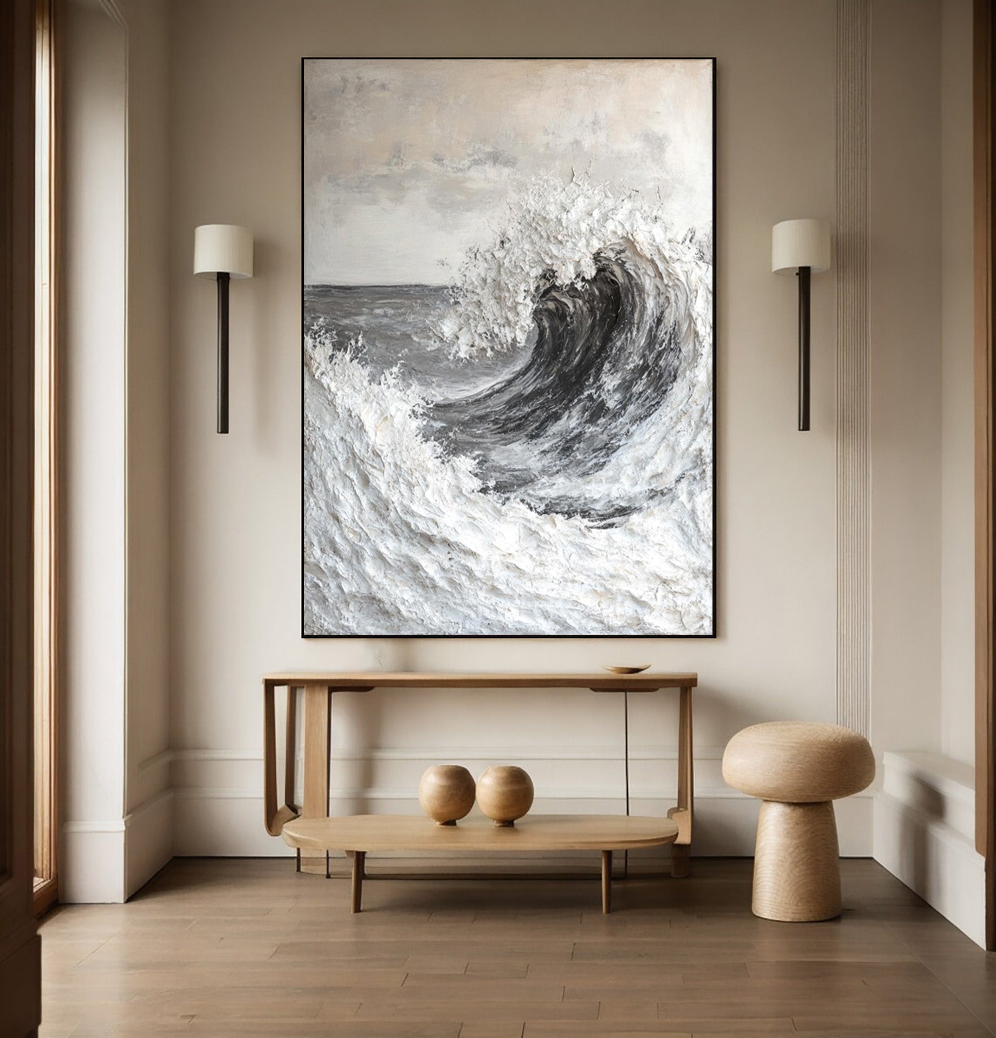 Contemporary Grayscale Ocean Art with Texture Wave #BGA 283