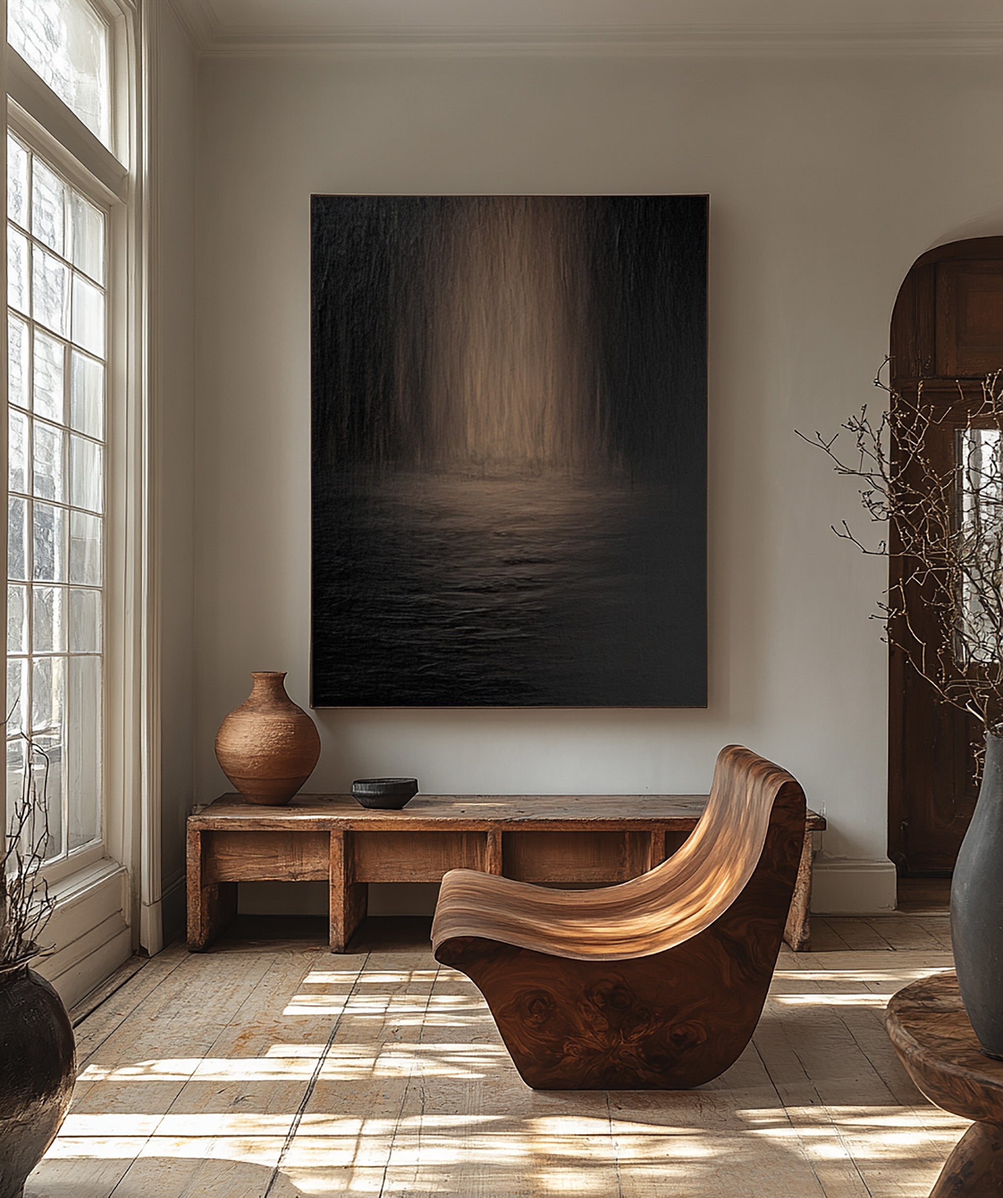 Modern Minimalist Painting of Dark Water and Blurred Depths #BGA 284