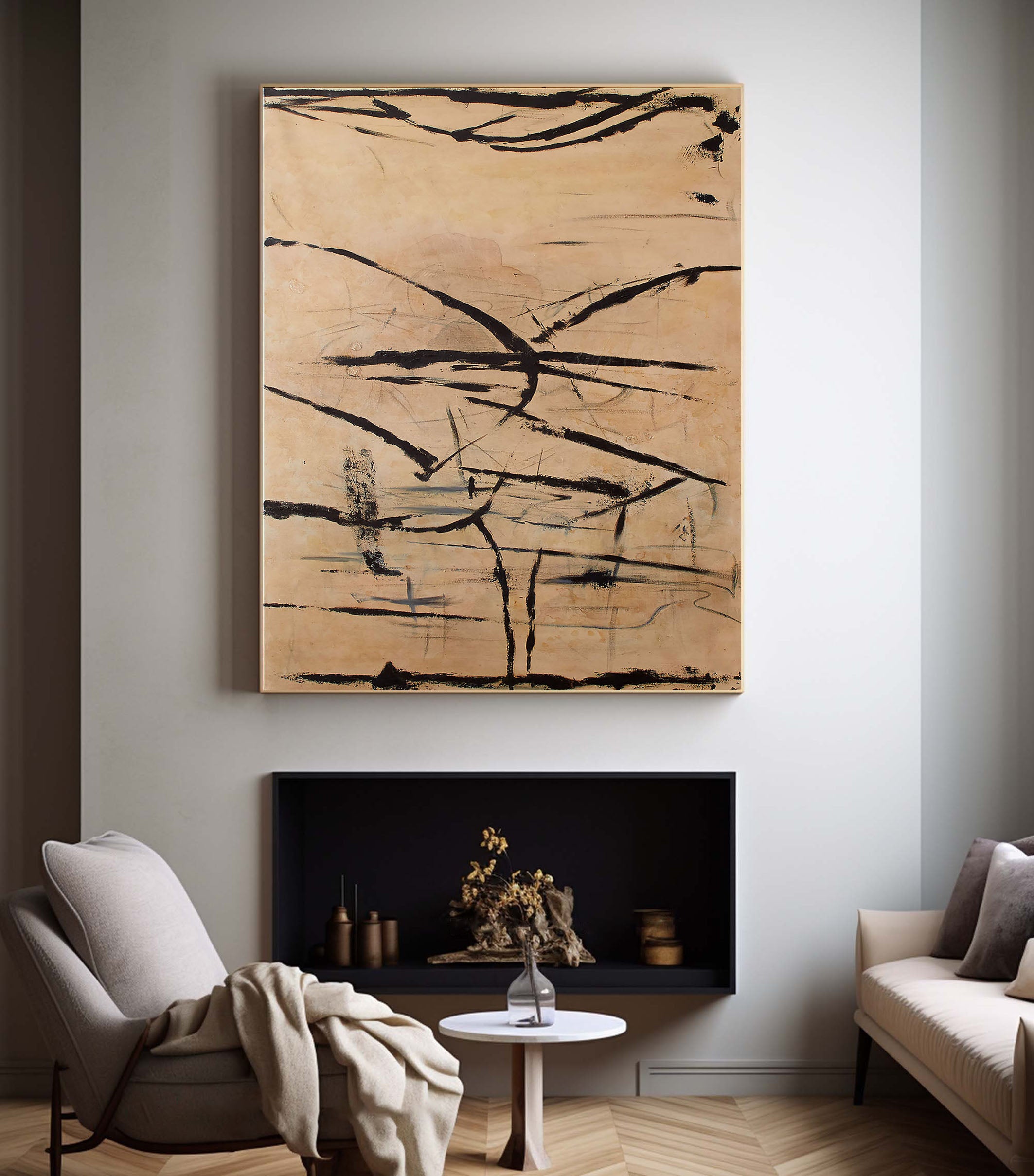 Beige and Black Abstract Line Canvas, Modern Minimalist Style #BGA 088