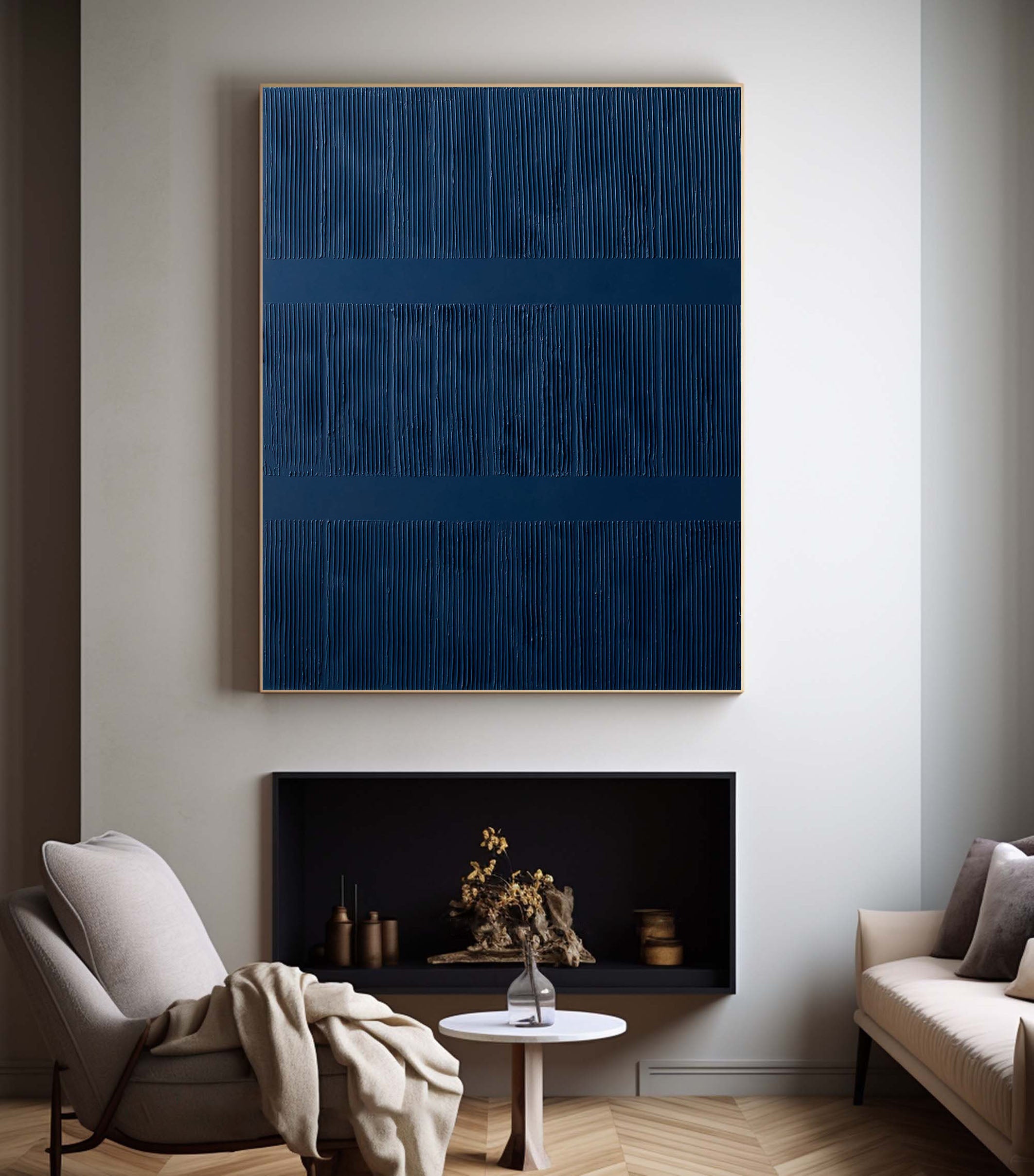 Deep Blue Abstract Minimalist Wall Art With 3D Vertical Lines #BGA 087