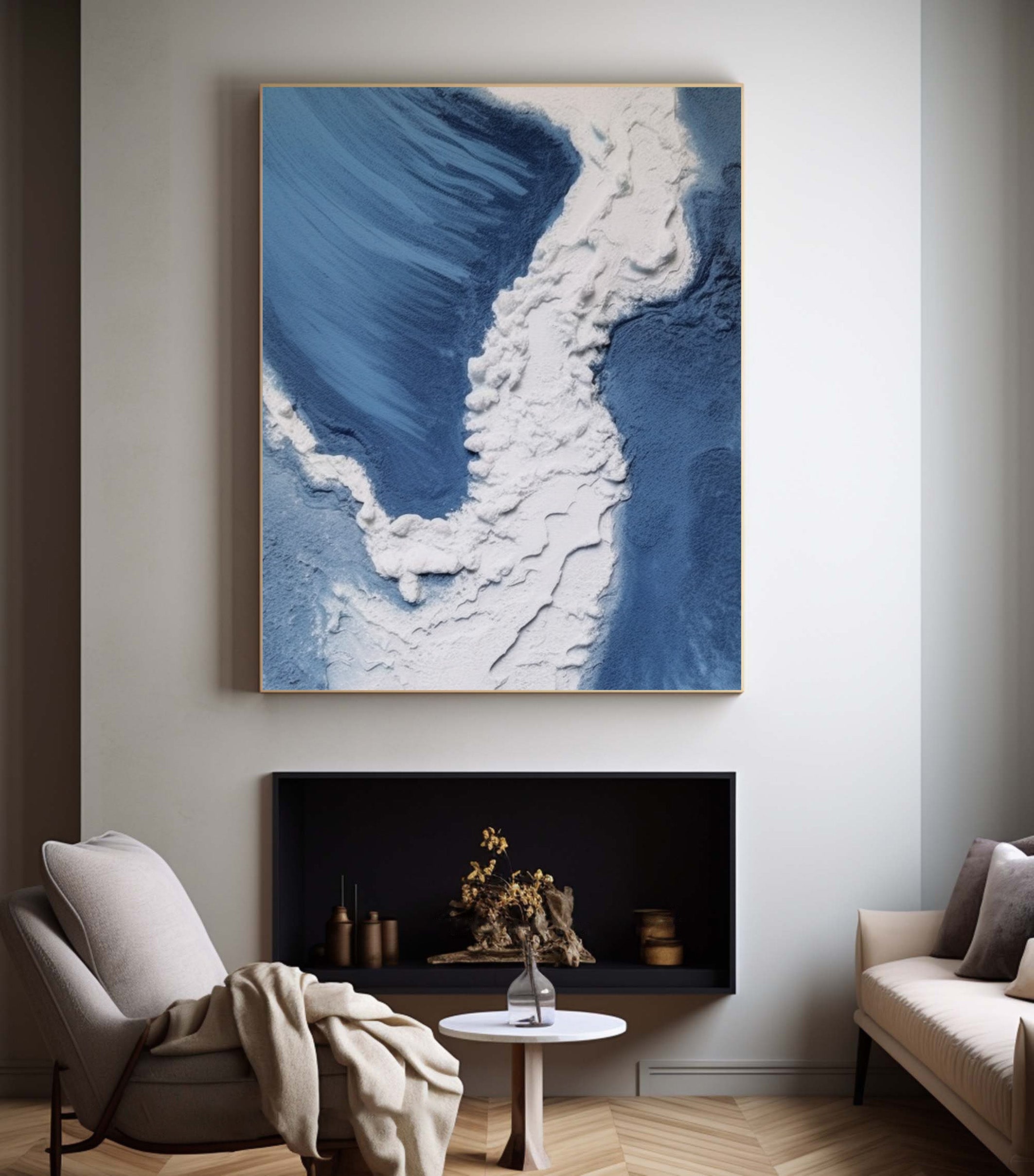 3D Textured Aerial Ocean, Minimalist Blue and White Art #BGA 247