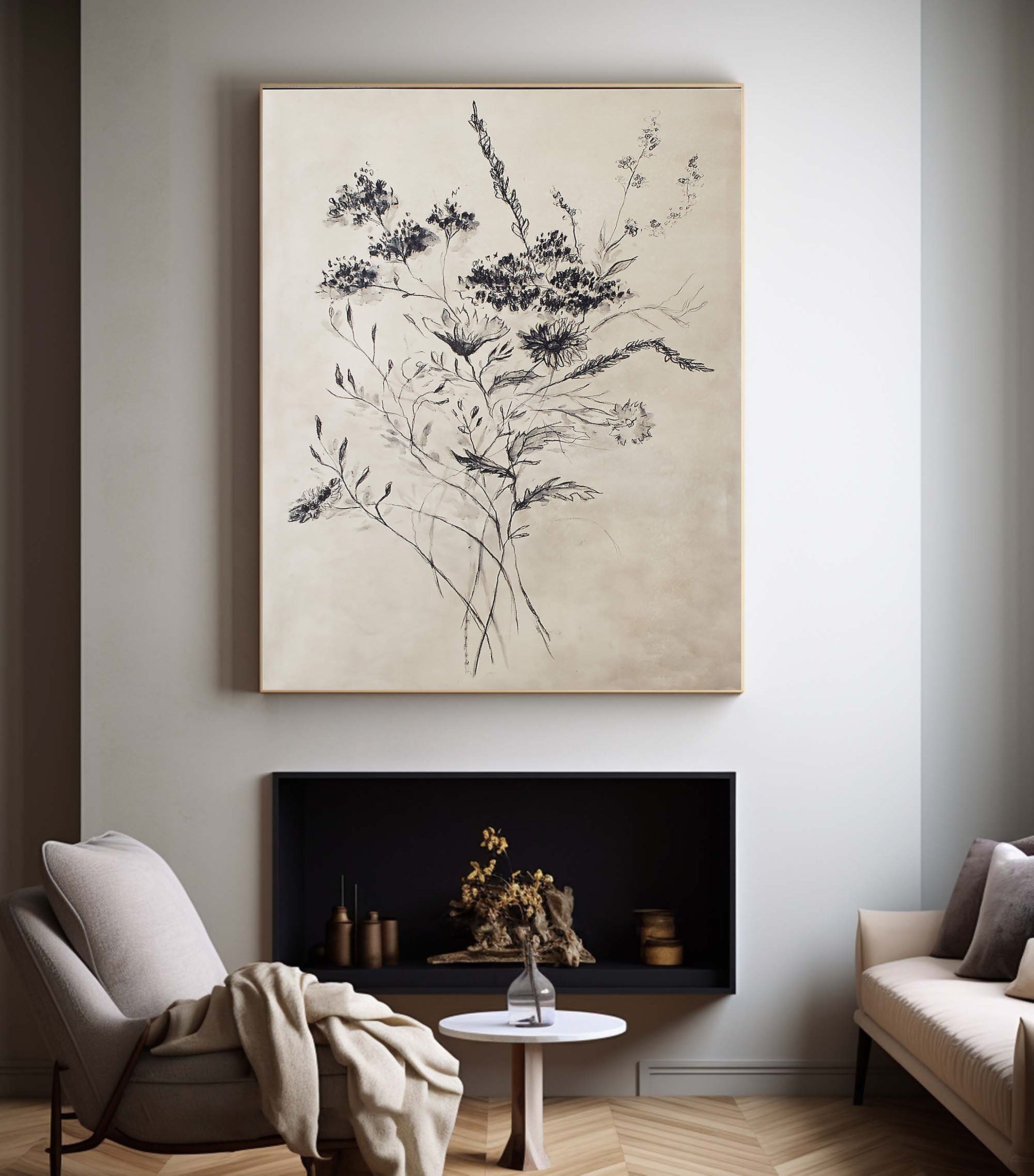 Beige Flower Drawing With Black Line, Contemporary Wall Art #BGA 095