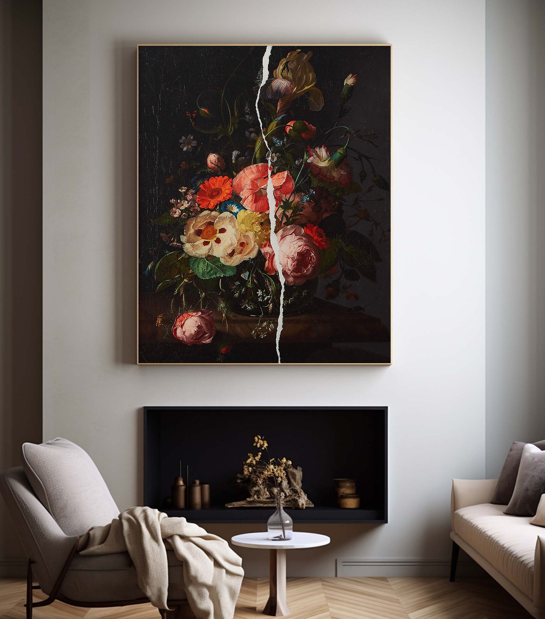 Colorful Flowers In Dark and White Crack, Contemporary Canvas #BGA 090