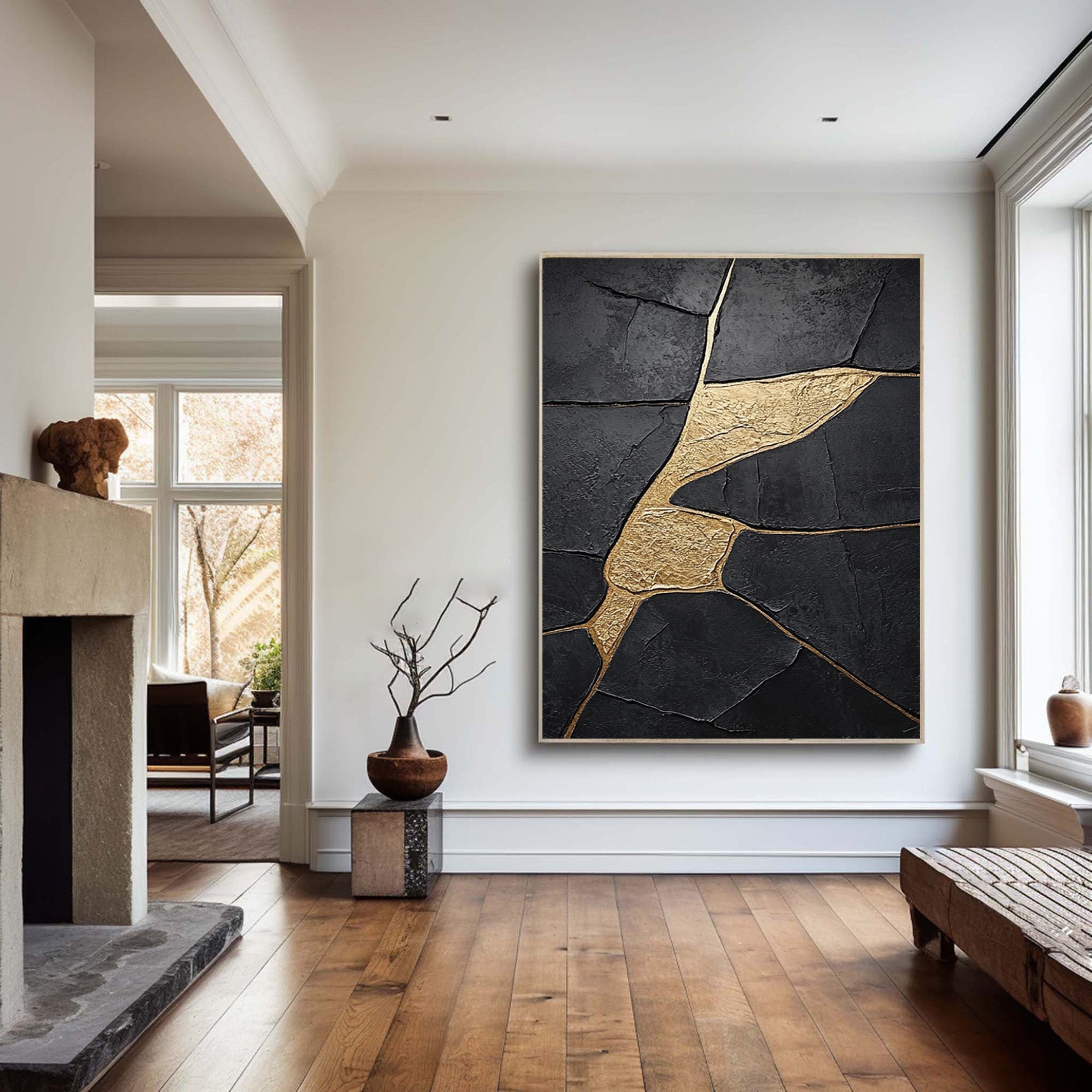 Large Black Abstract with Gold Repair Lines for Modern Home #BGA 272