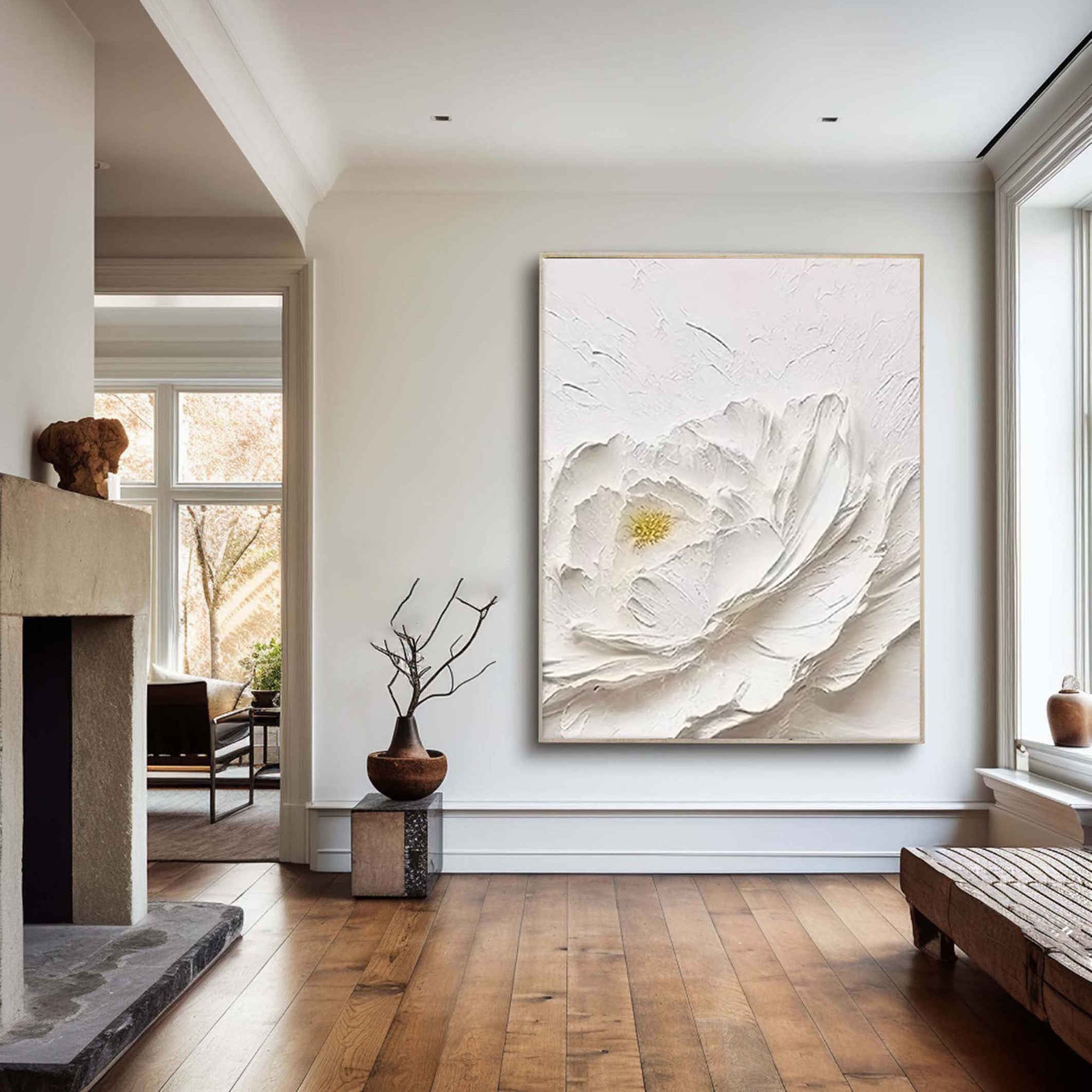 Textured Petals: White Flower Relief, Sculptural Floral Art #BGA 196