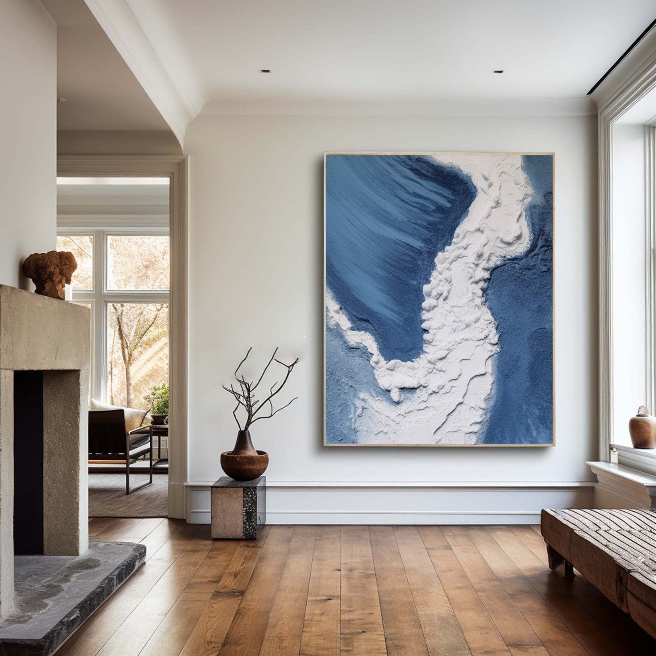 3D Textured Aerial Ocean, Minimalist Blue and White Art #BGA 247