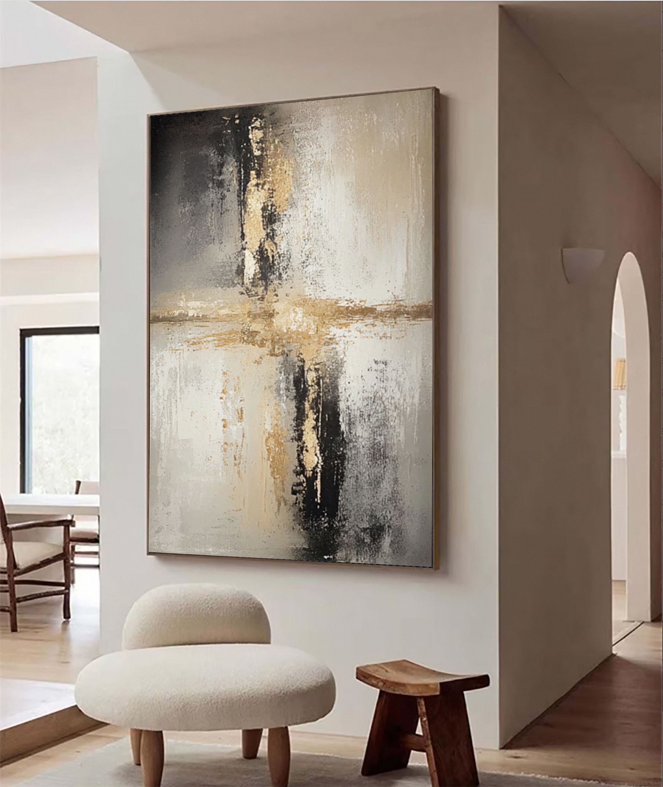 Abstract Textured Art, Neutral Hues with Metallic Gold Line #BGA 223