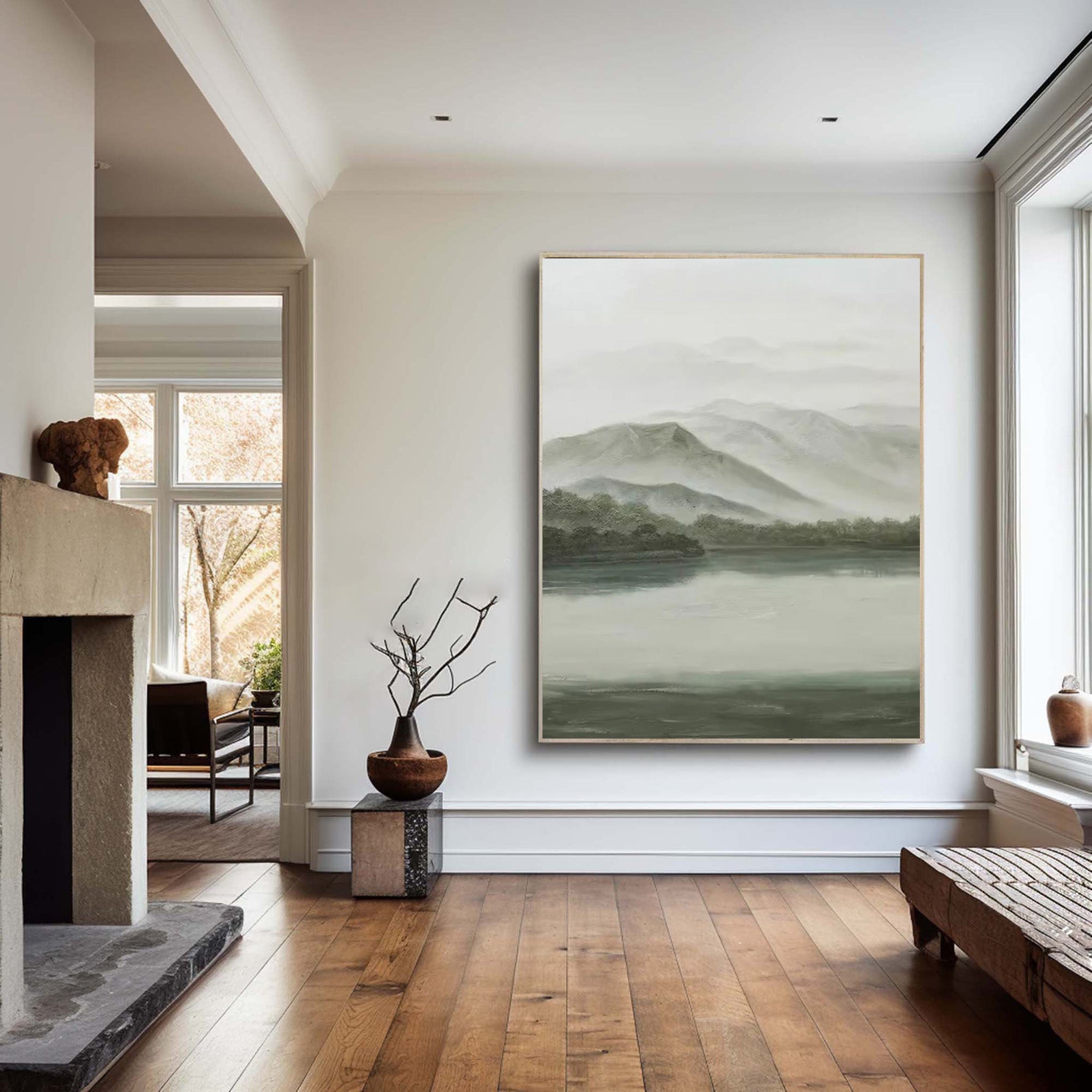Soft Gray & Green Landscape, Peaceful Mountain Lake Scene #BGA 255