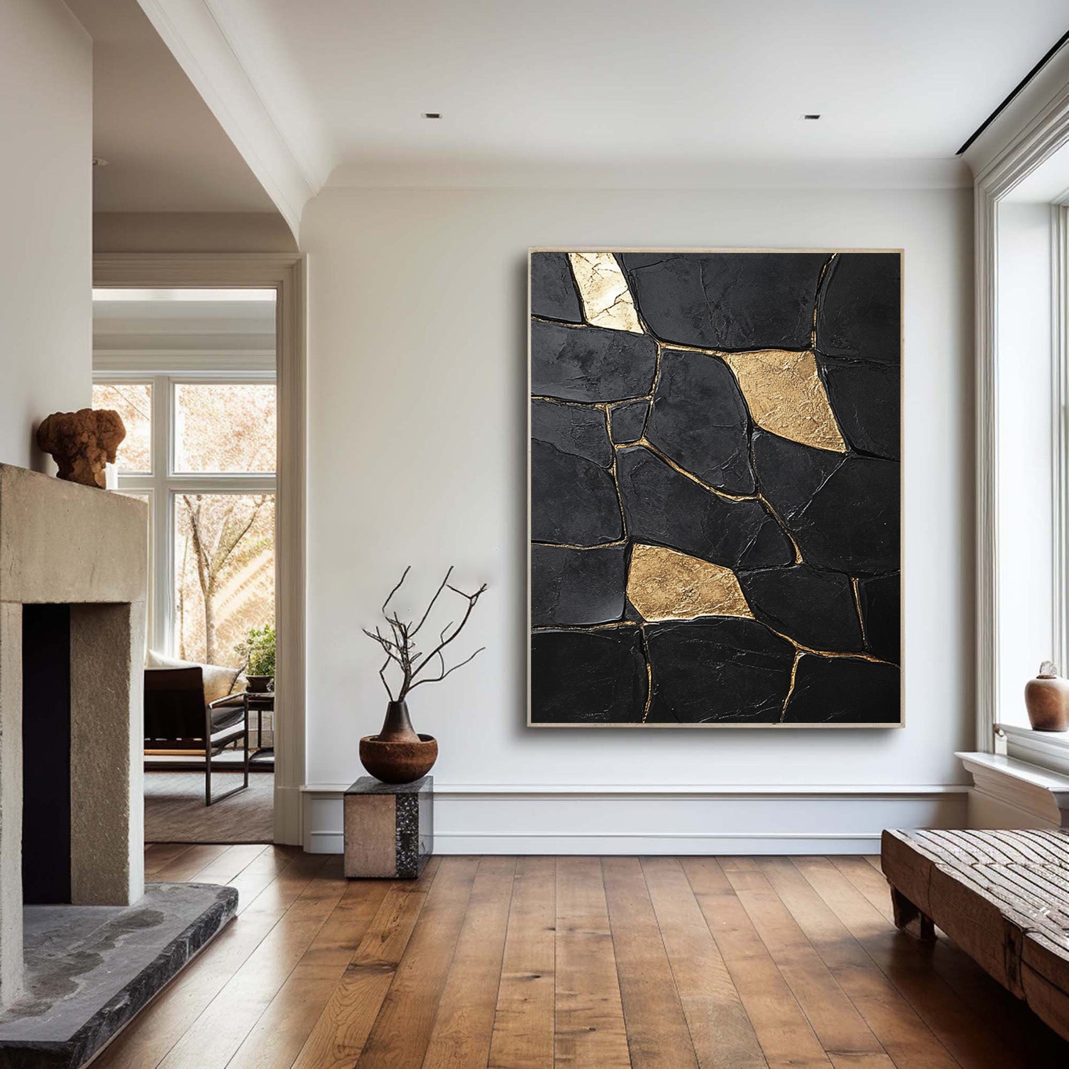 Large Textured Black Abstract with Geometric Gold Inlays #BGA 270