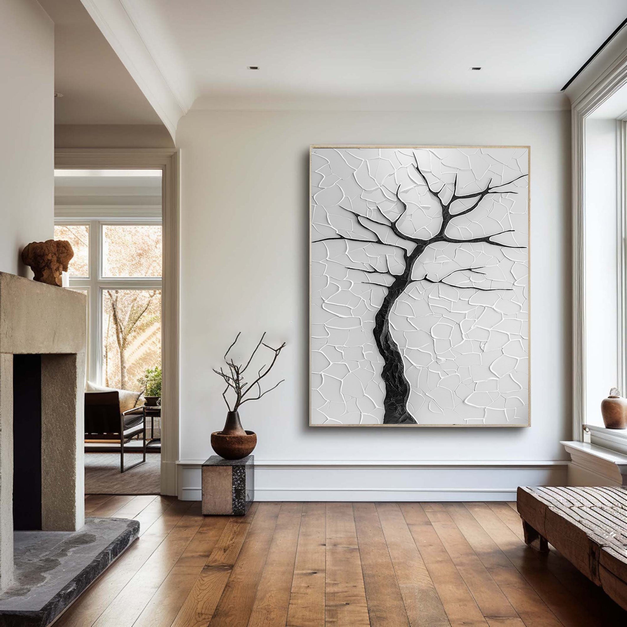 Contemporary Black Tree Silhouette on Textured Neutral Canvas #BGA 285